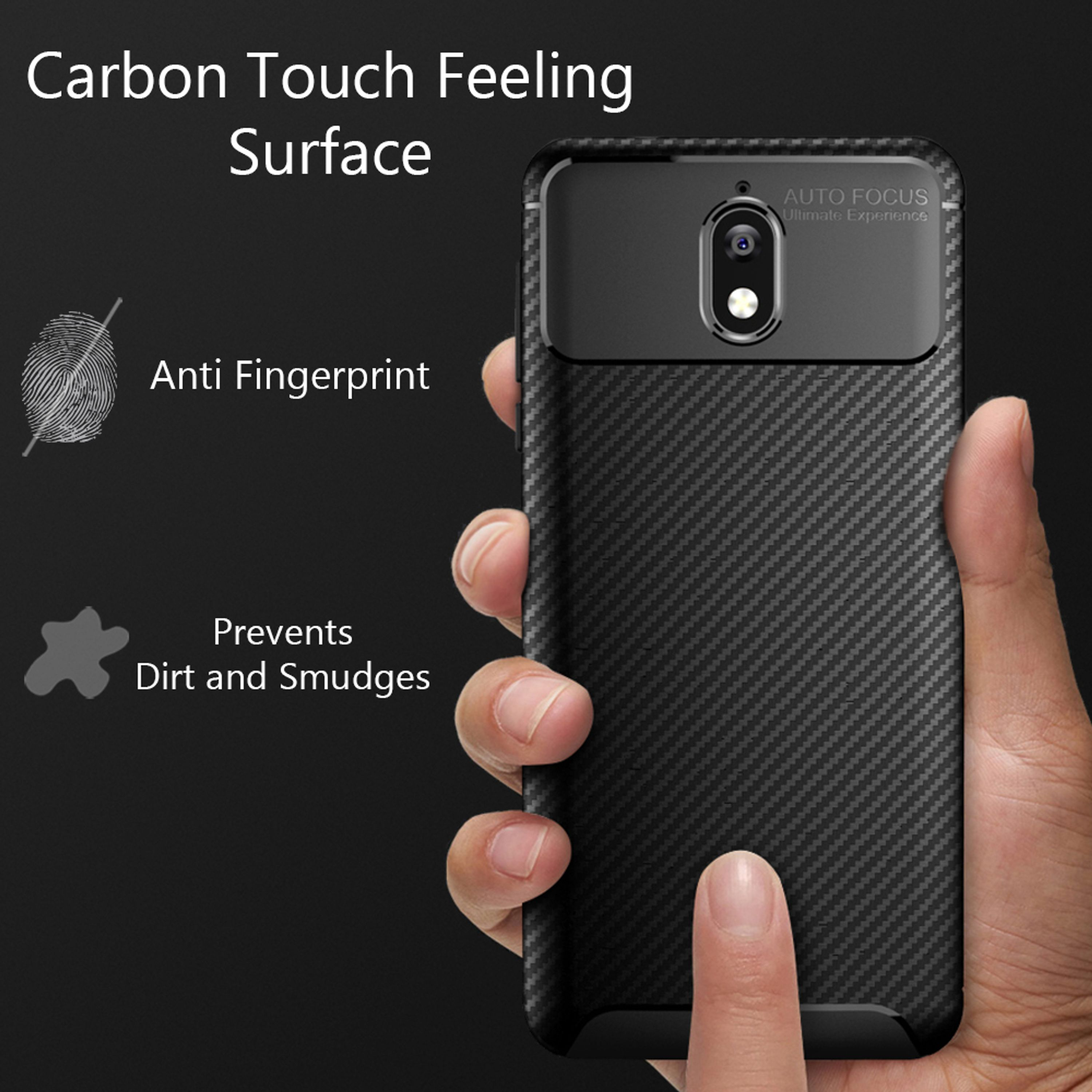 Schwarze Handyhülle mit Carbon-Muster, die Fingerabdrücke und Schmutz verhindert.