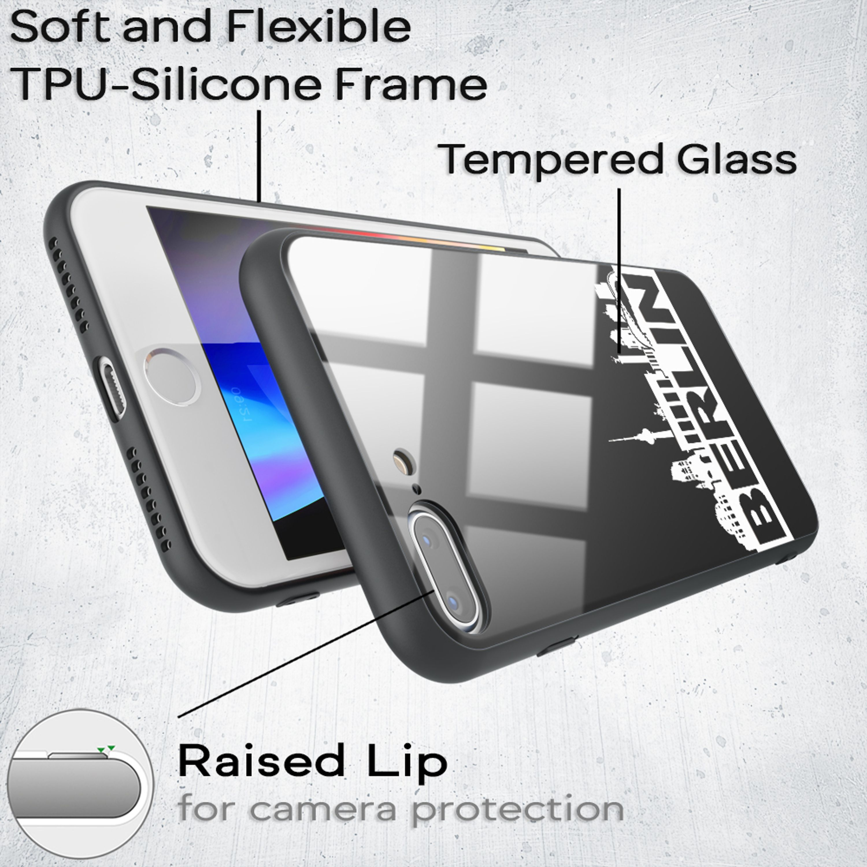 Schwarze Handyhülle mit "BERLIN"-Skyline und "Tempered Glass" Aufdruck.