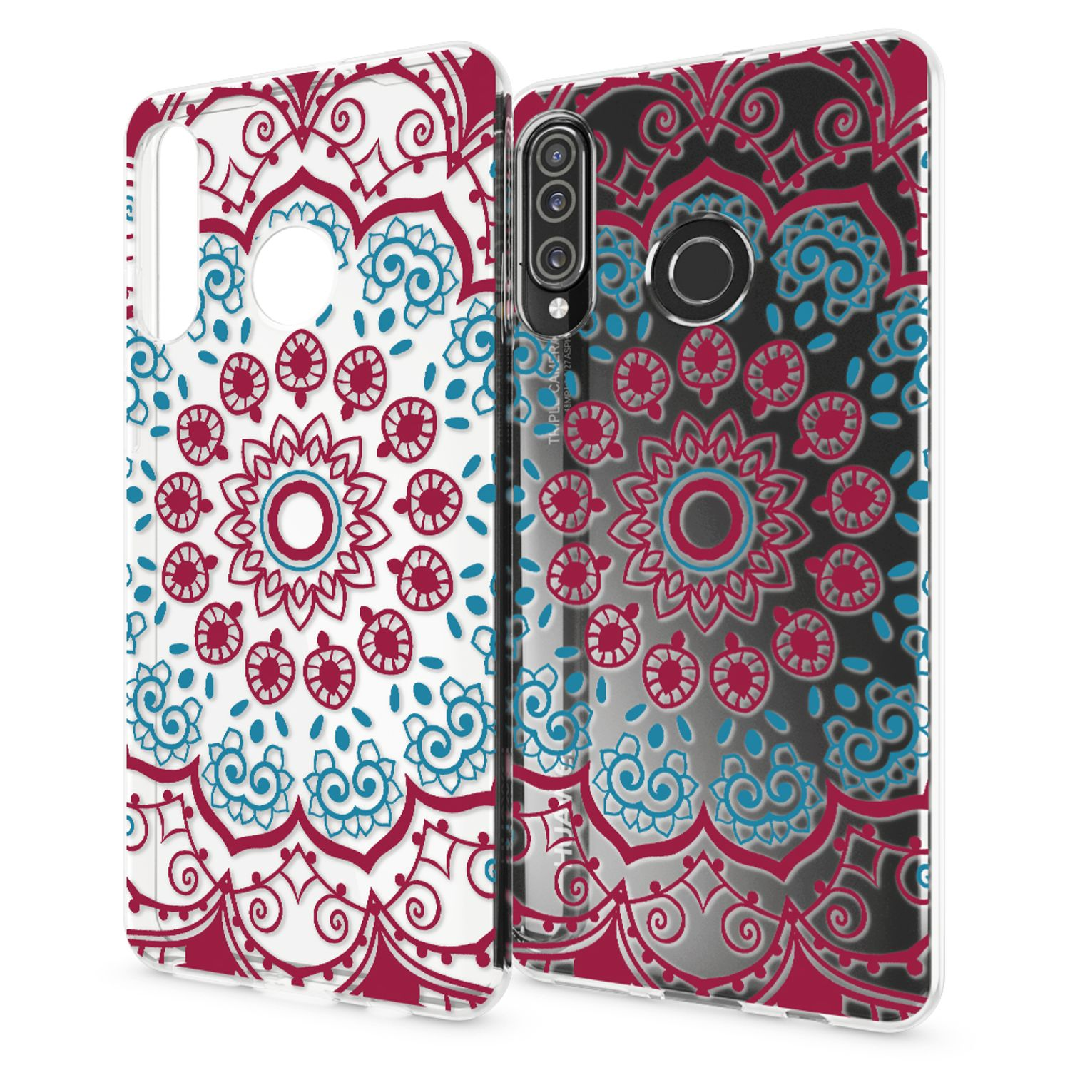 Due cover trasparenti per telefono con motivi mandala rossi e blu.