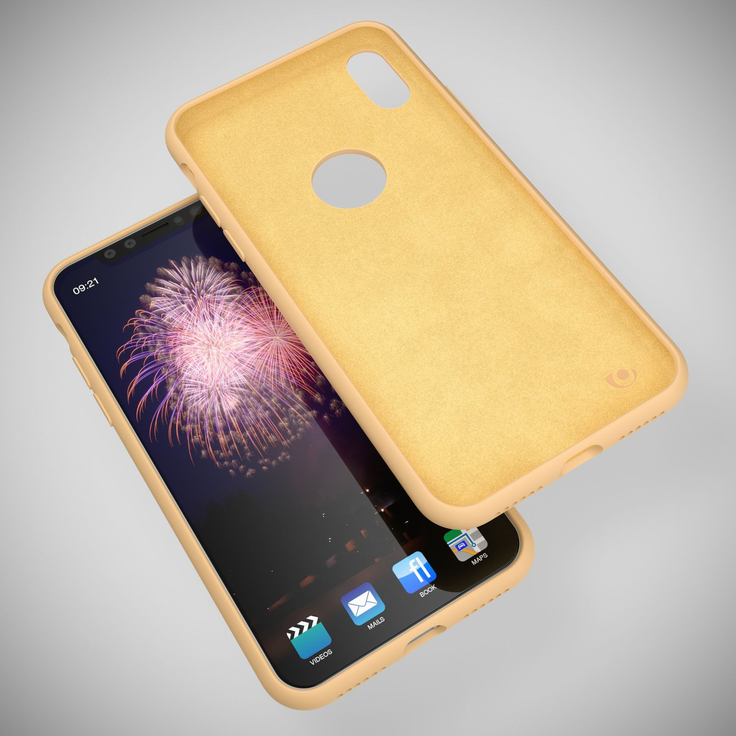 Ein gelbes Handycase liegt neben einem Smartphone mit Feuerwerk-Hintergrundbild.