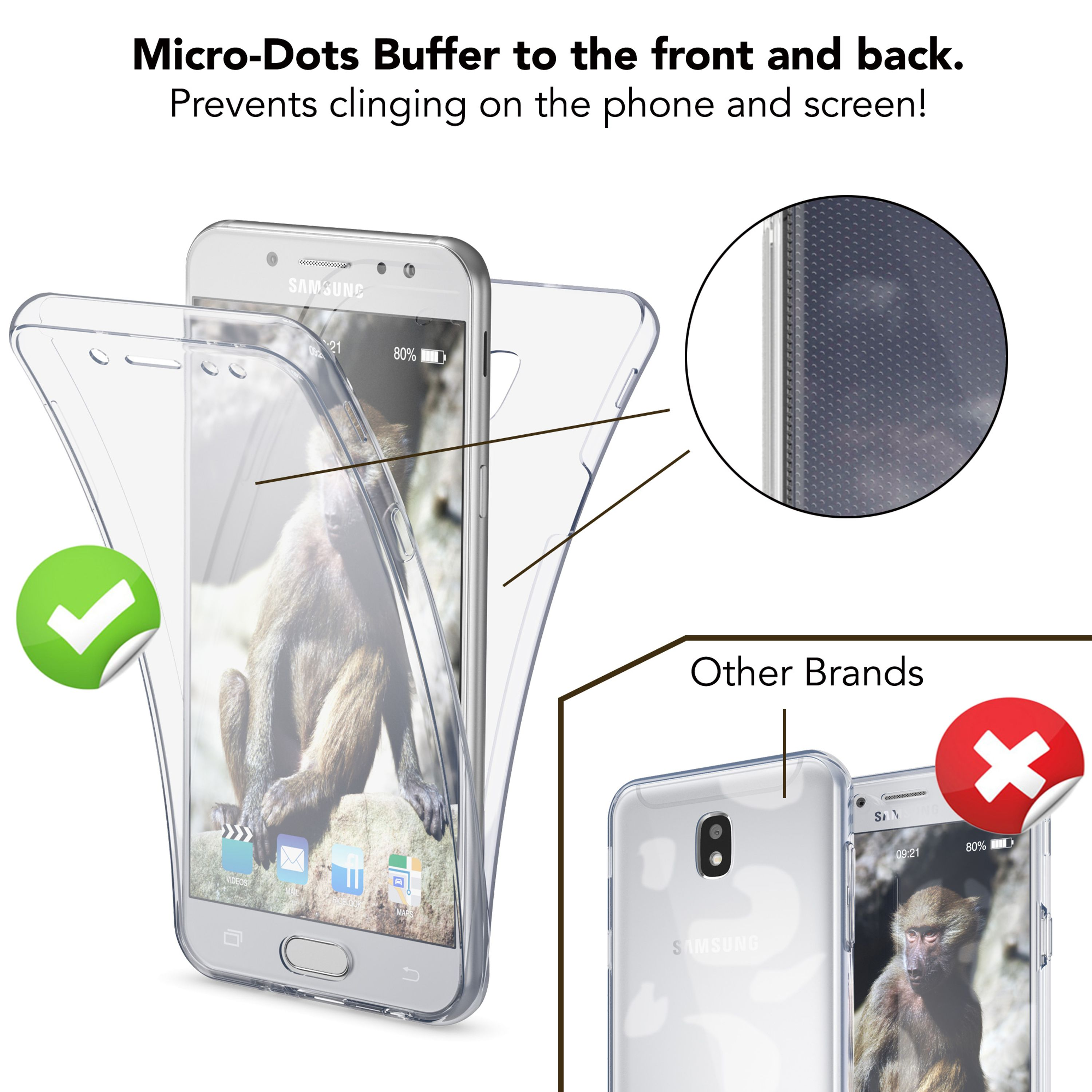 Transparente Handyhülle mit Mikro-Punkten und einem Affenbild.