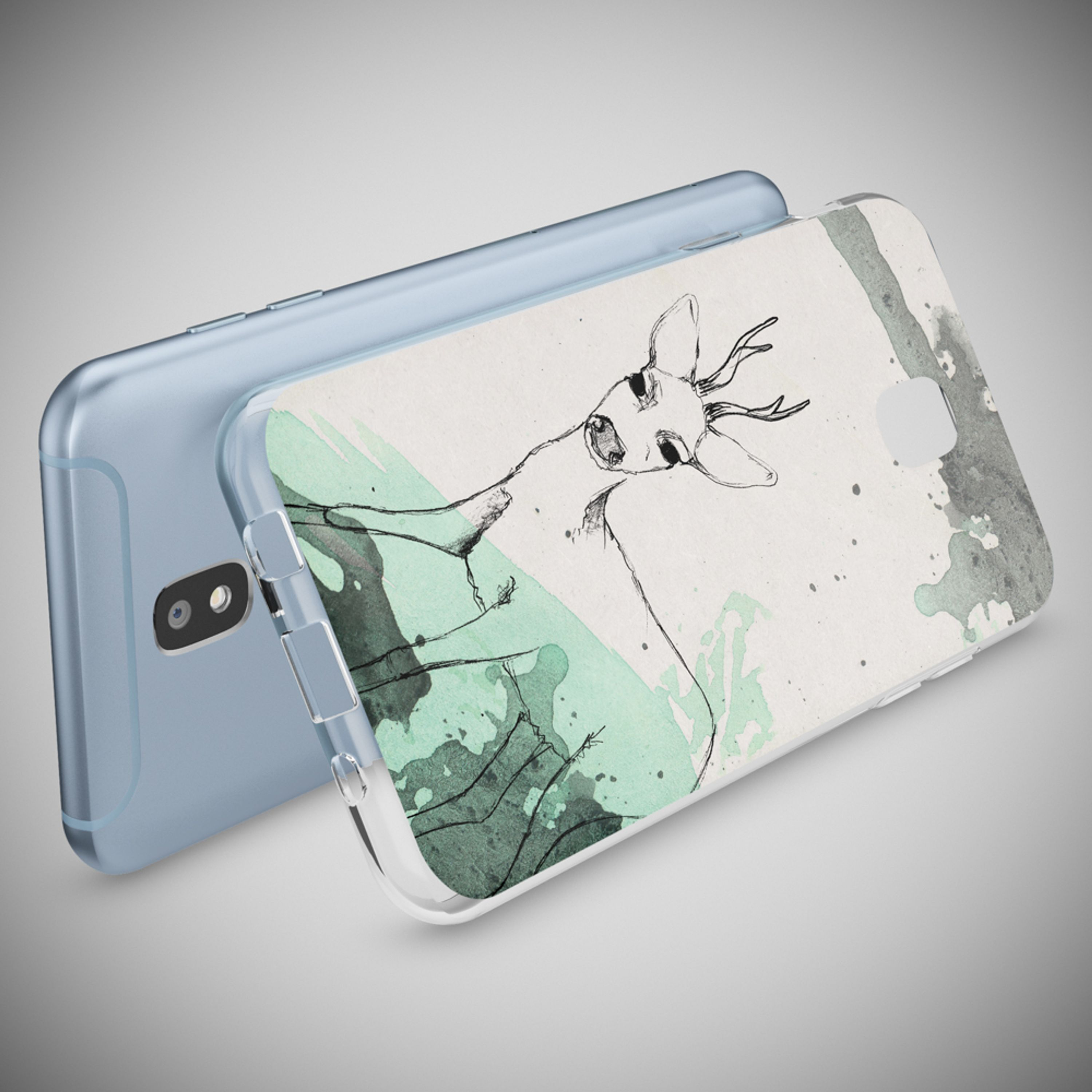 Ein hellblaues Smartphone mit einer transparenten Hülle mit einem Reh-Zeichnung.