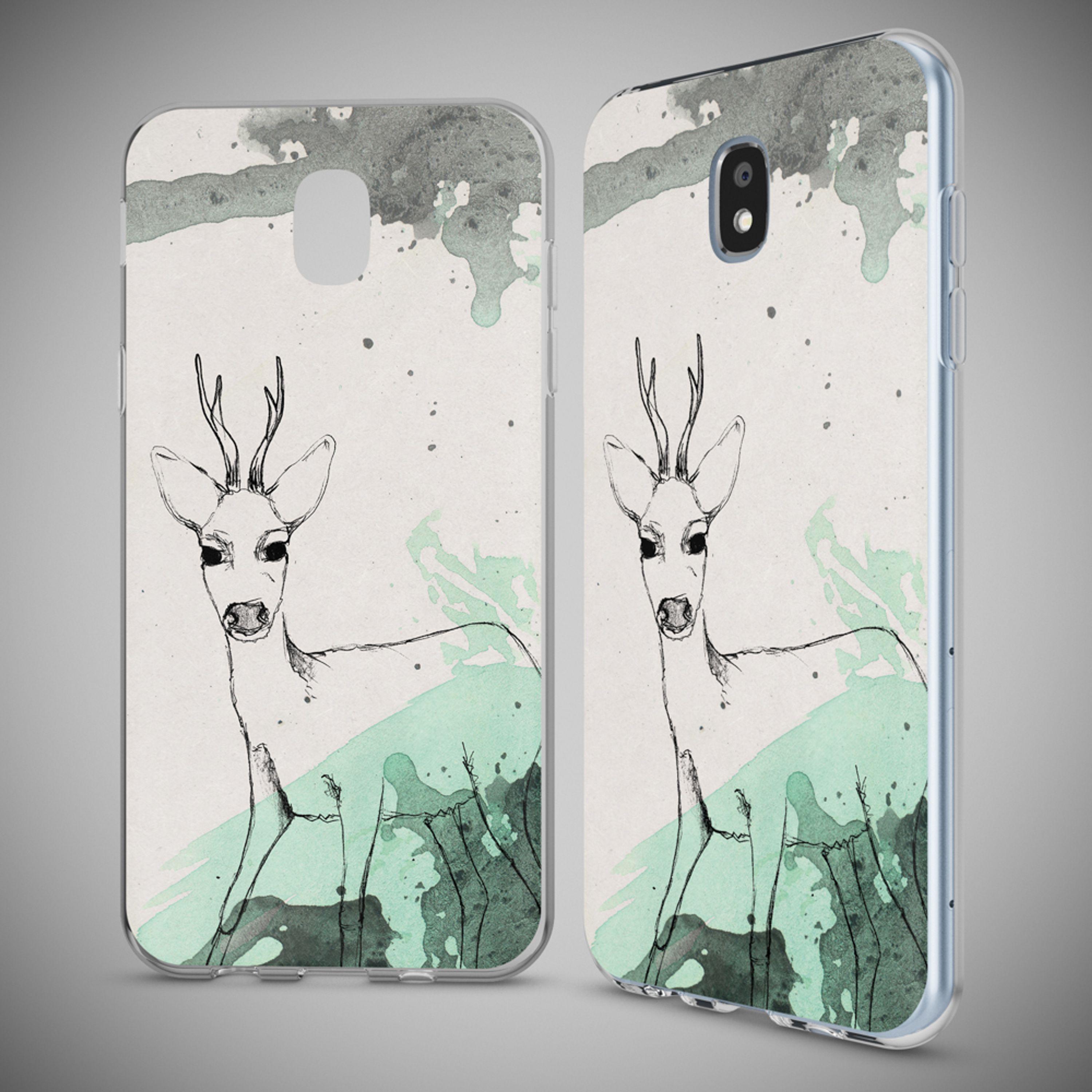 Zwei Handyhüllen mit einem Reh-Design in Tuschezeichnung und Aquarell-Spritzern.