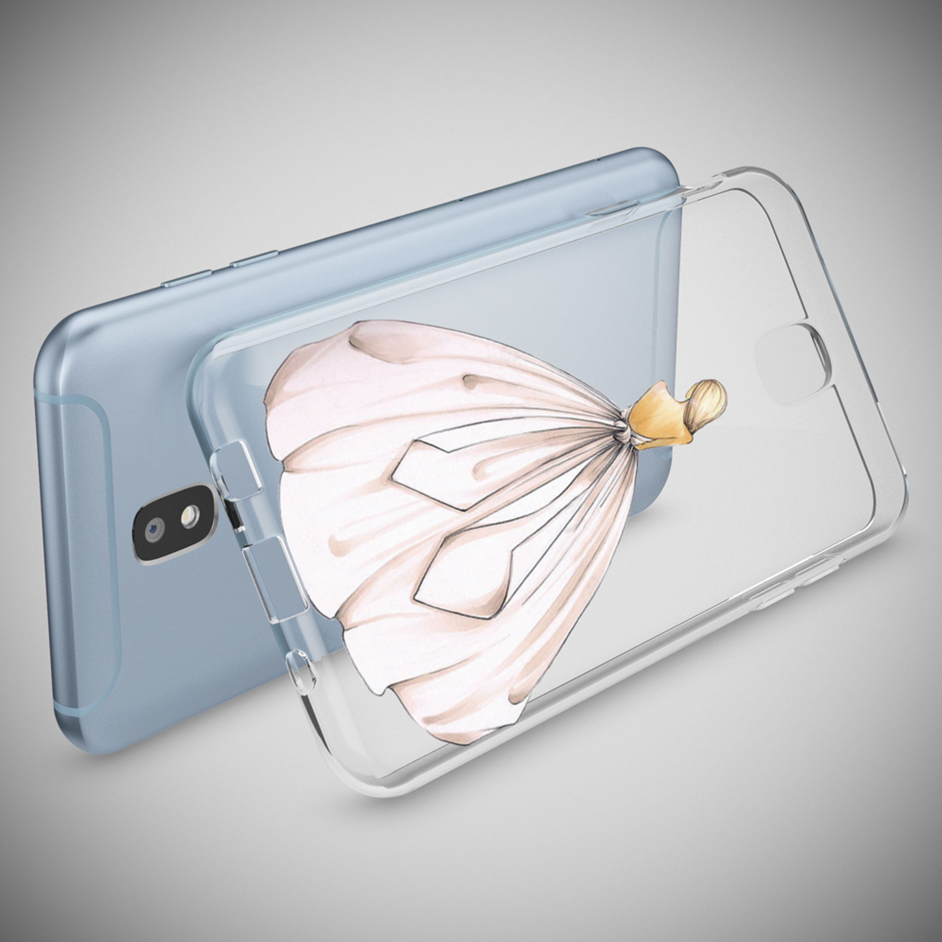 Ein hellblaues Smartphone mit einer transparenten Hülle, die ein Kleid zeigt.