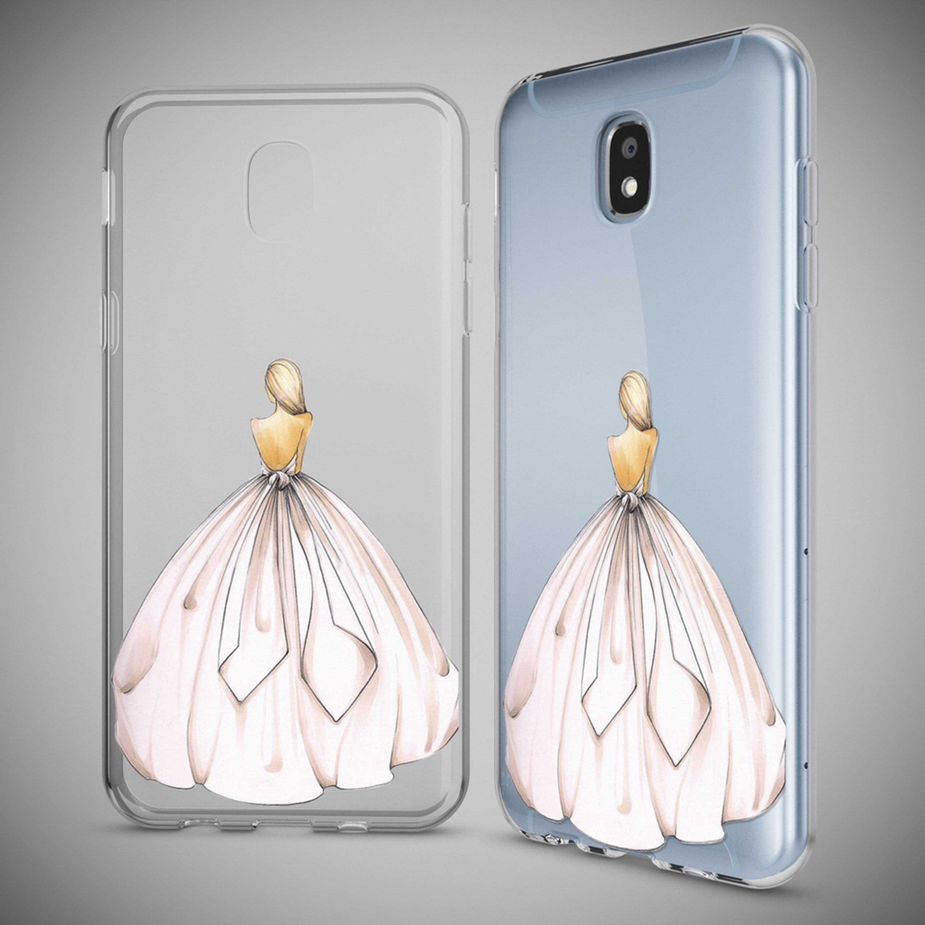 Zwei Handyhüllen mit einem Kleid-Motiv. Eine ist transparent, die andere hellblau.