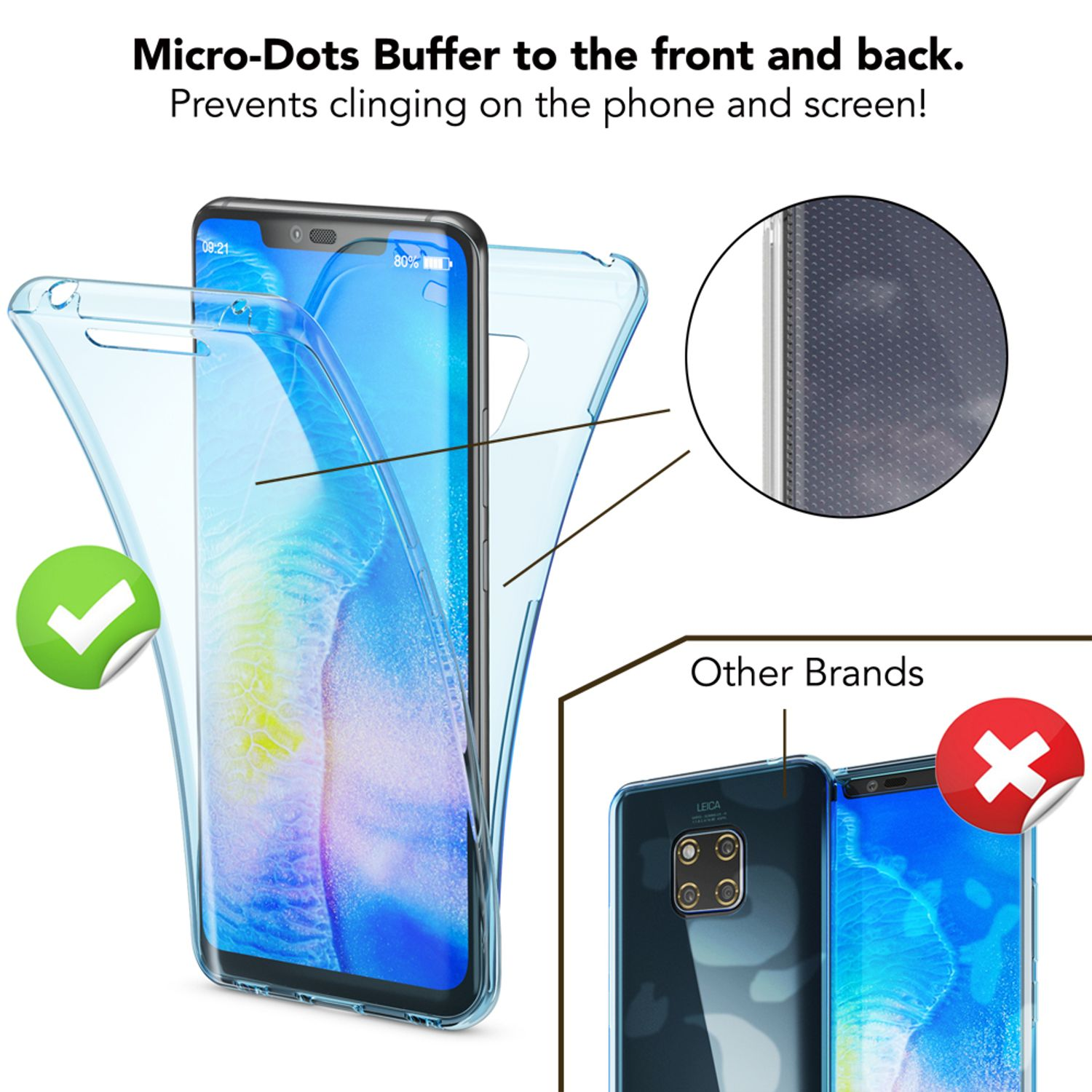 Transparente Handyhülle mit Mikropunkten auf einem Handy. Ein Häkchen ist vorhanden.