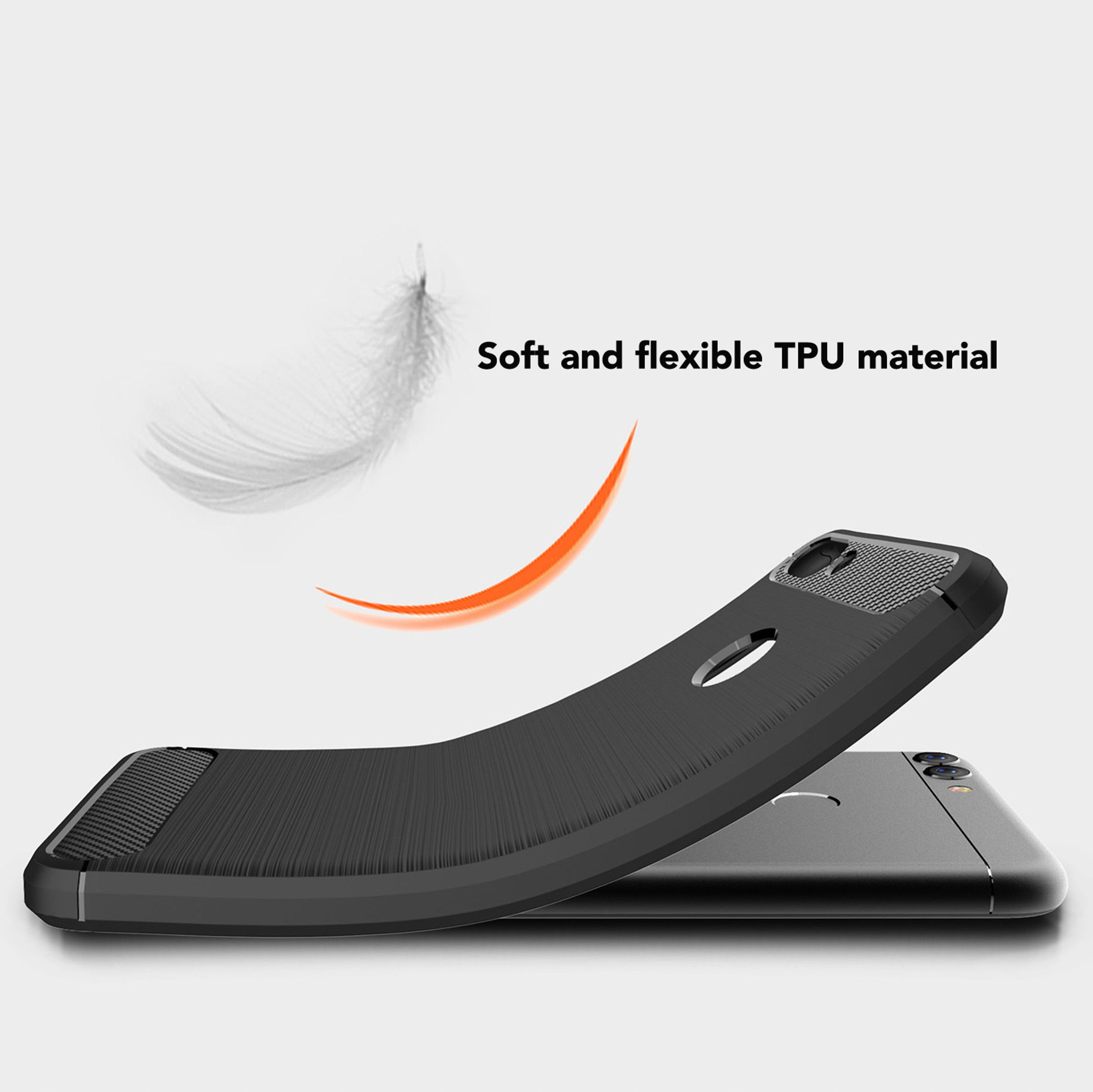Schwarze Handyhülle aus flexiblem TPU-Material mit Carbon-Textur.