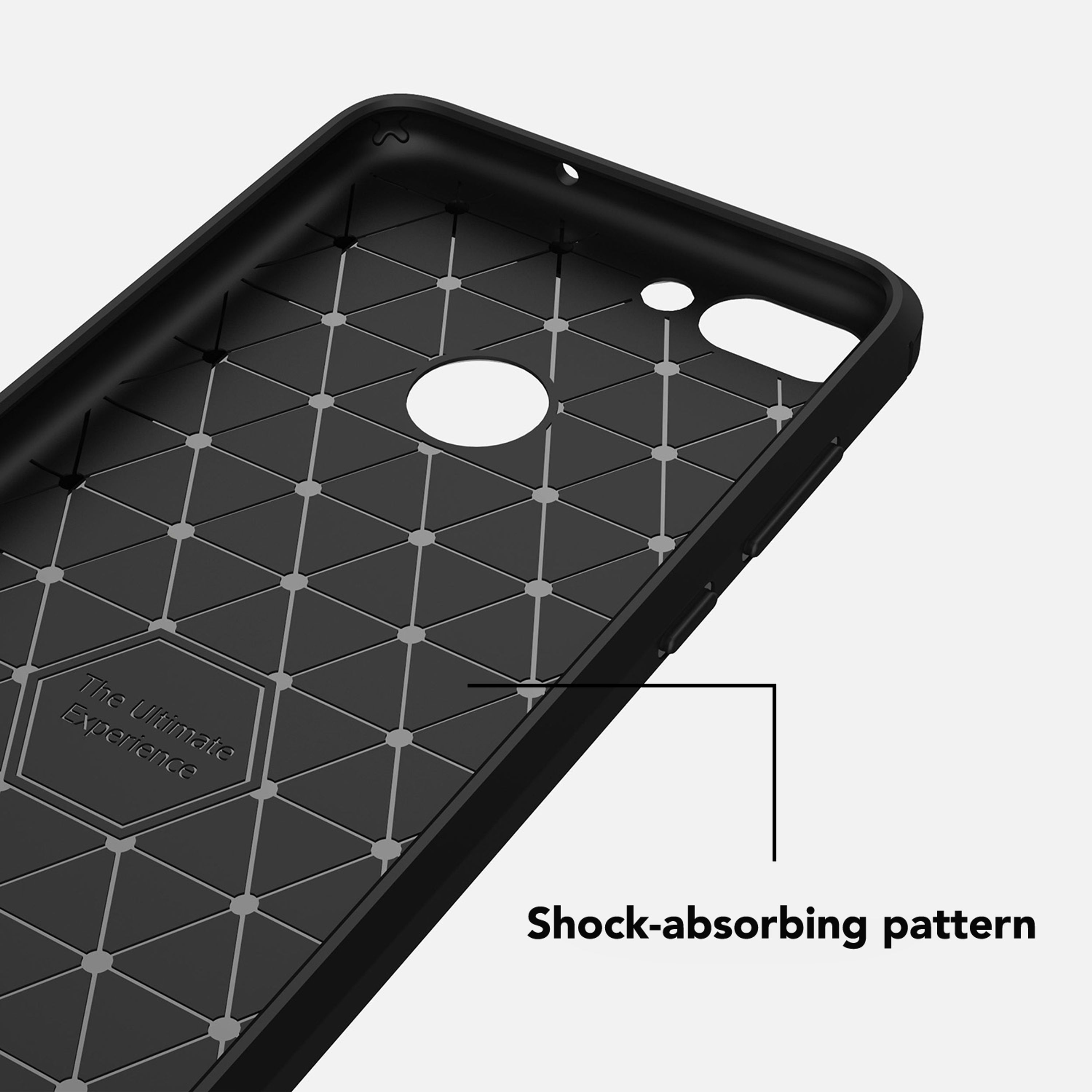 Schwarze Handyhülle mit geometrischem Muster und Text.