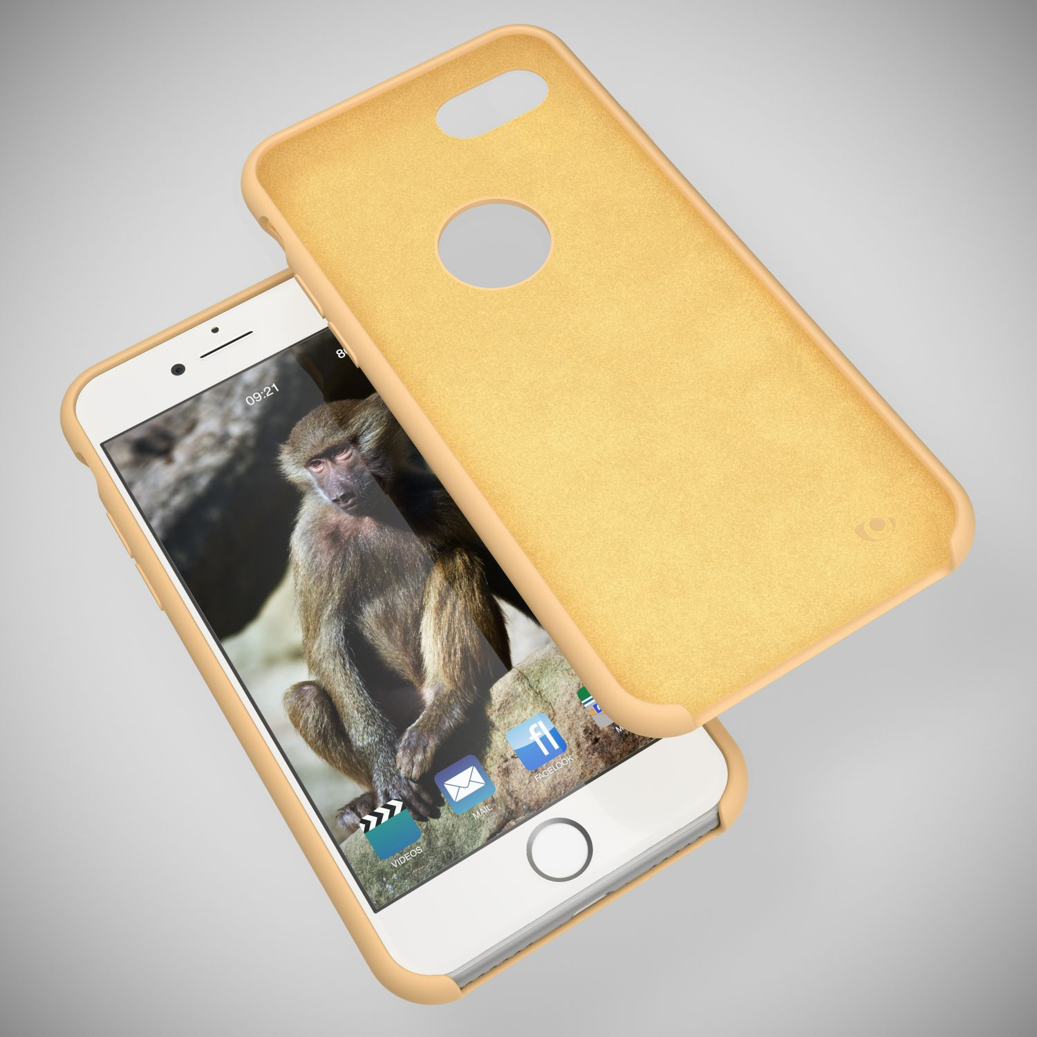 Ein hellgelbes Handycover liegt über einem Smartphone mit Affenbildschirm.