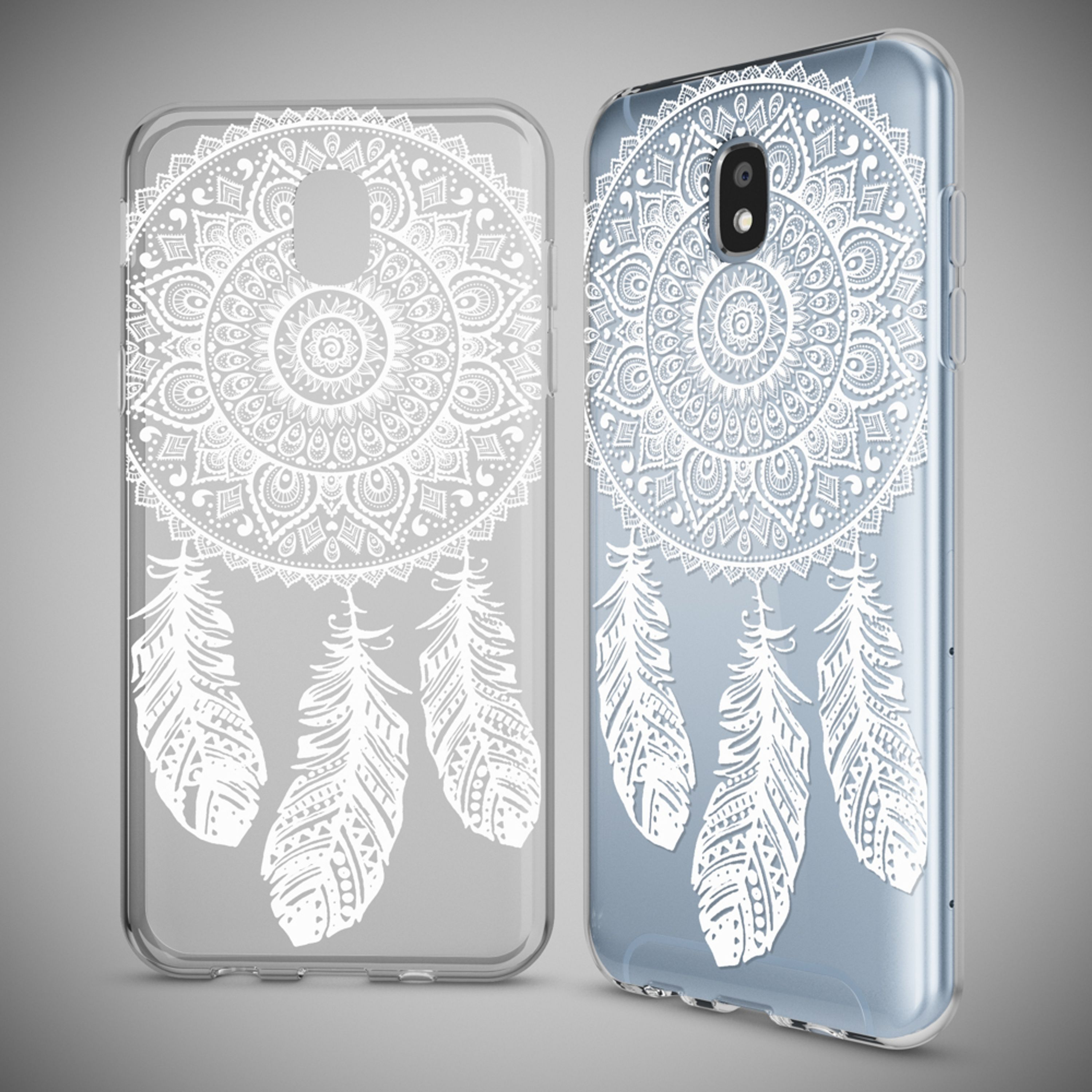 Zwei durchsichtige Handyhüllen mit weißem Federn- und Mandala-Design.