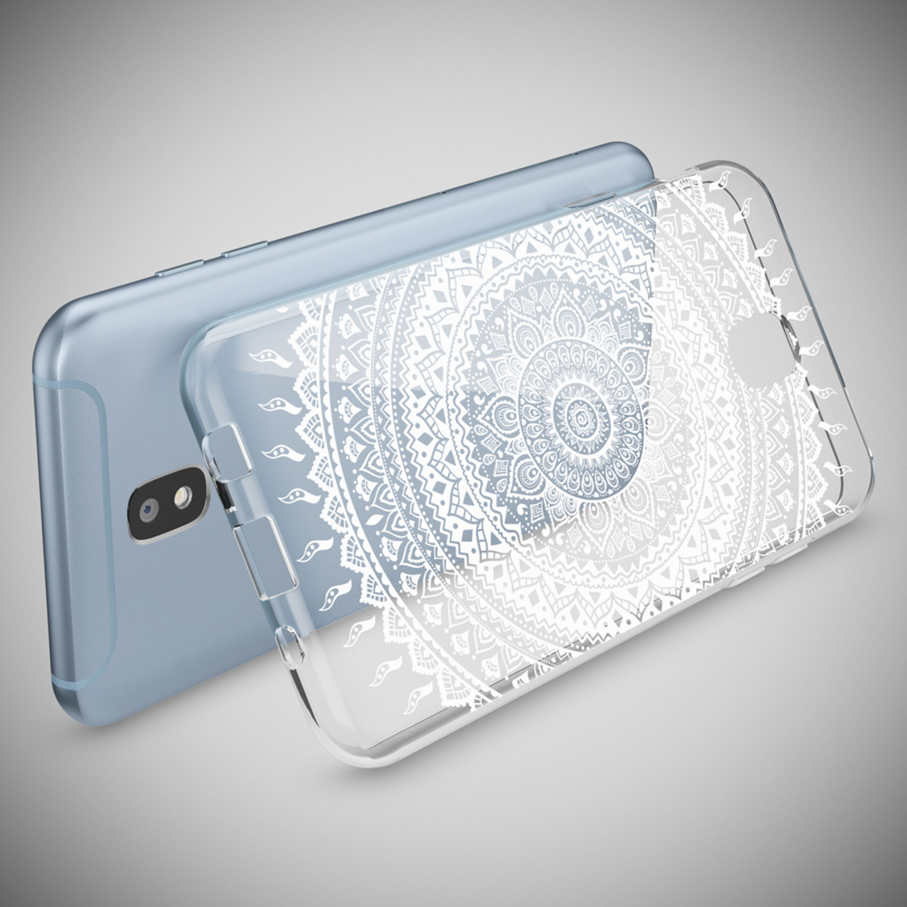 Ein hellblaues Smartphone mit einer transparenten Hülle mit weißem Mandala-Muster.
