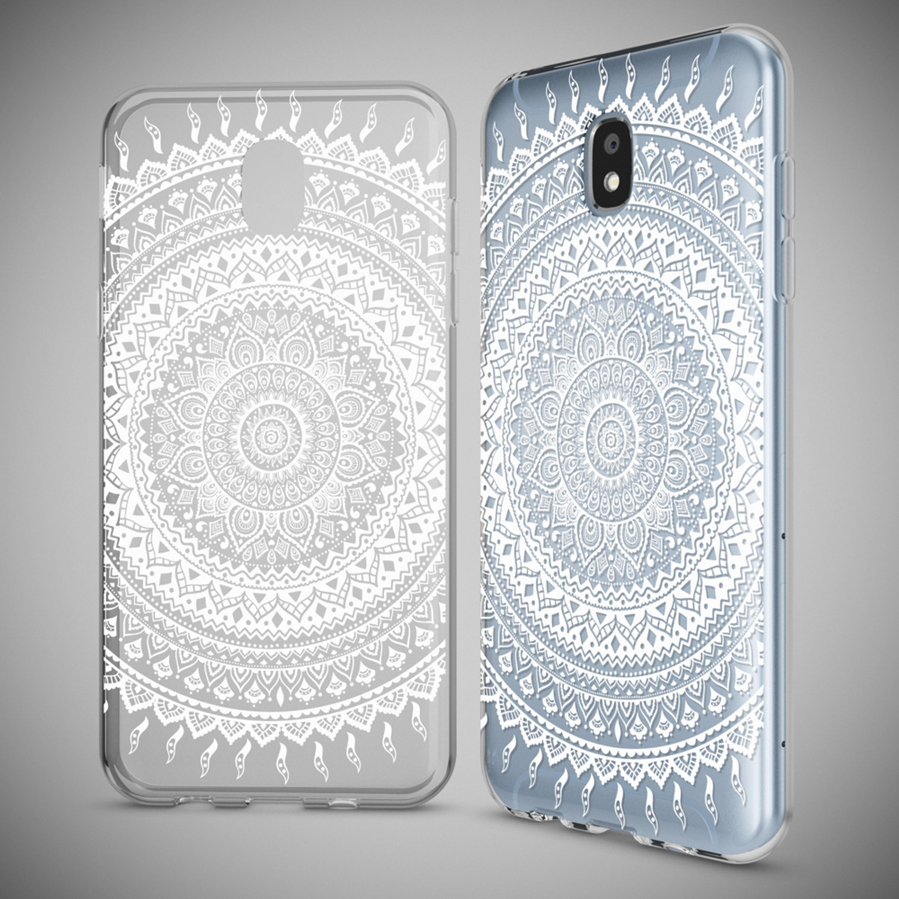 Zwei transparente Handyhüllen mit weißem Mandala-Muster auf grauem Hintergrund.