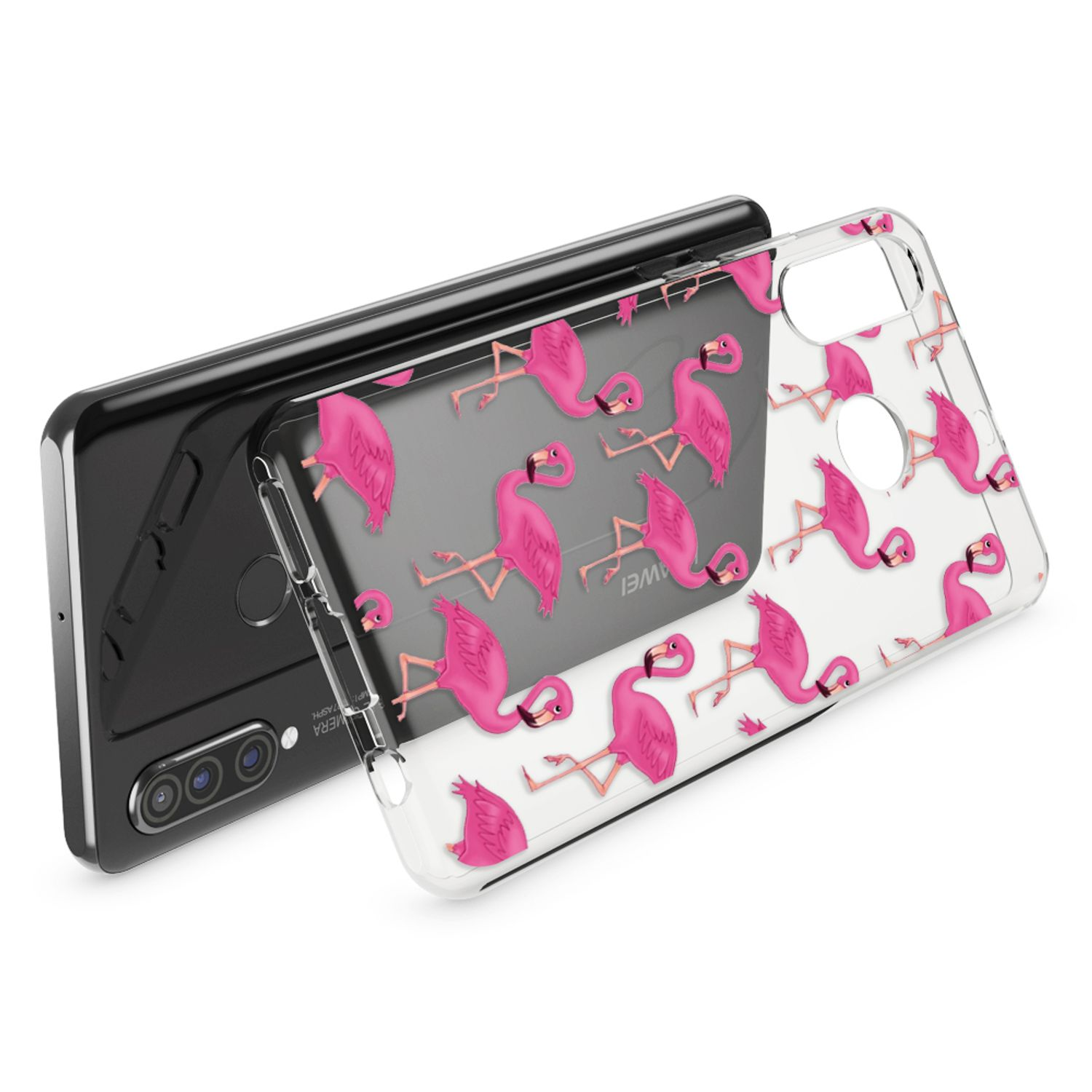 Una custodia trasparente per telefono con fenicotteri rosa su un telefono nero.