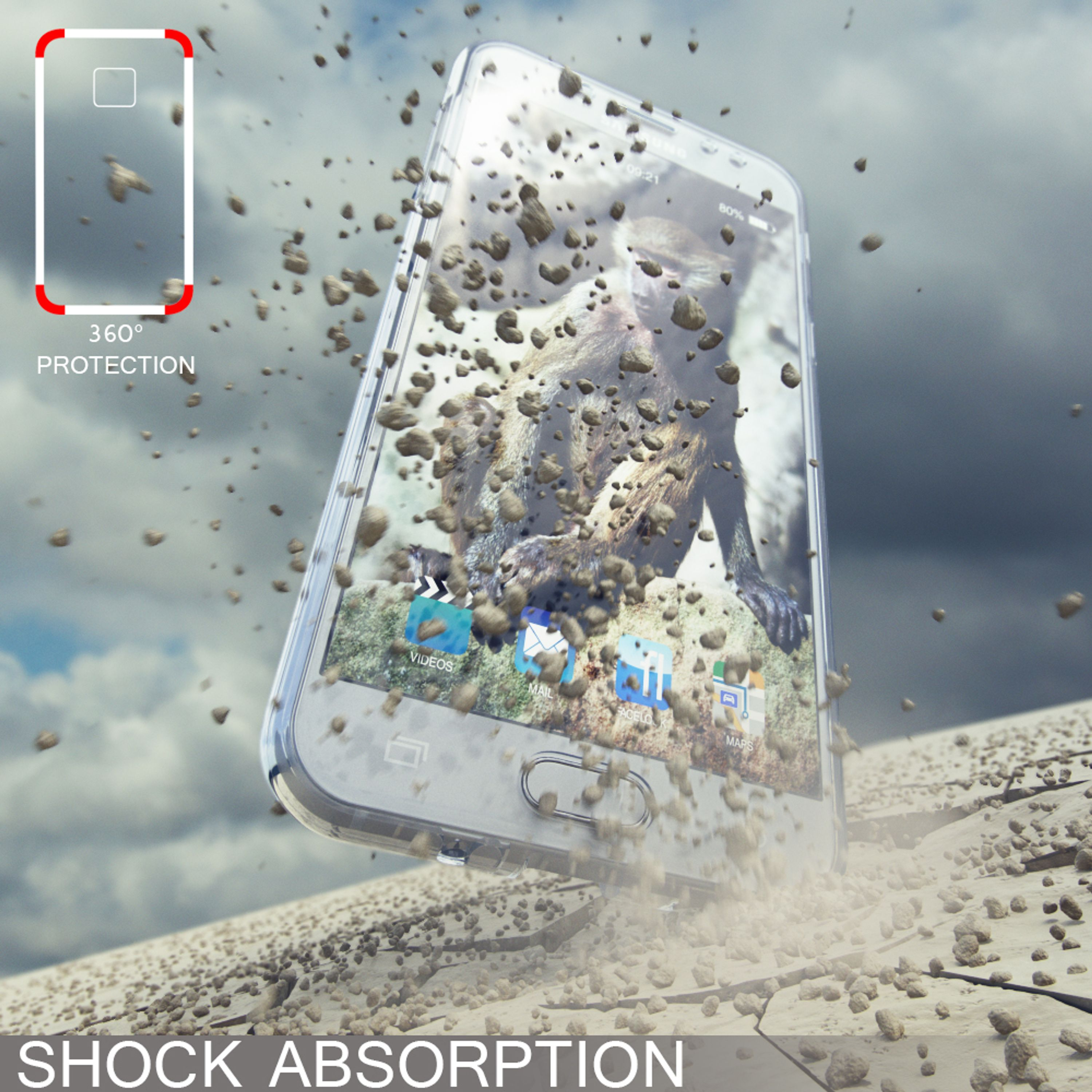 Ein Smartphone fällt, von Steinen umgeben, mit "360° PROTECTION".