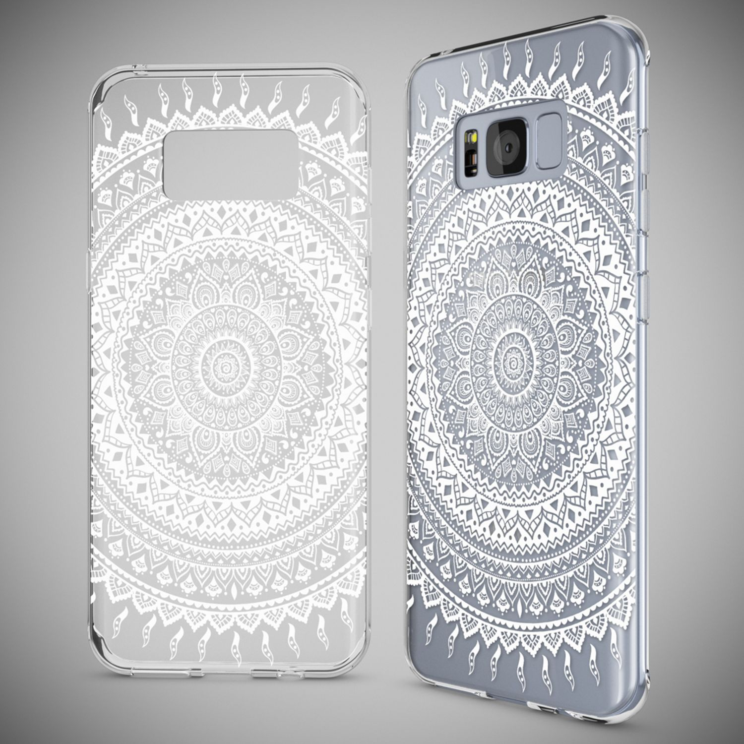 Zwei durchsichtige Handyhüllen mit weißem Mandala-Muster auf grauem Hintergrund.