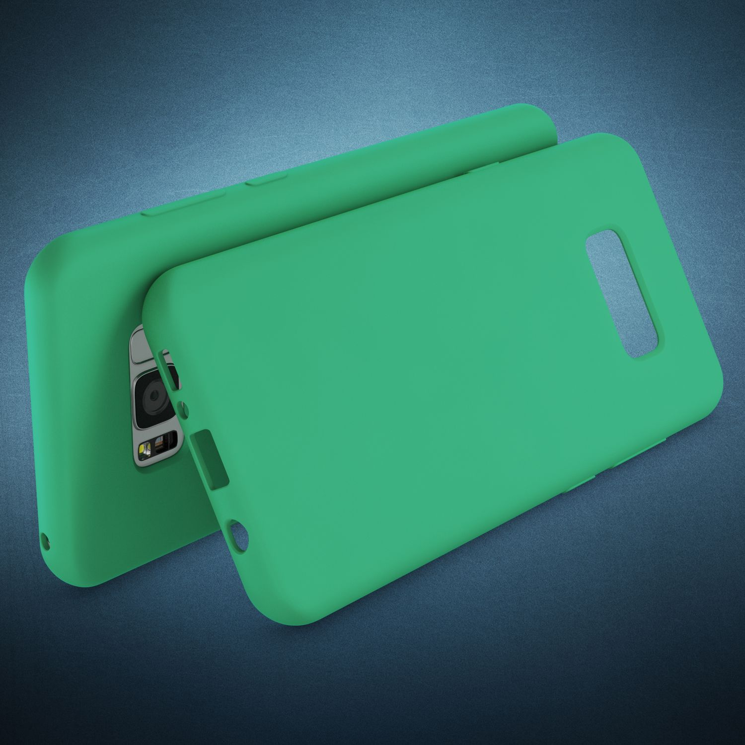 Zwei grüne Handyhüllen auf blauem Hintergrund.