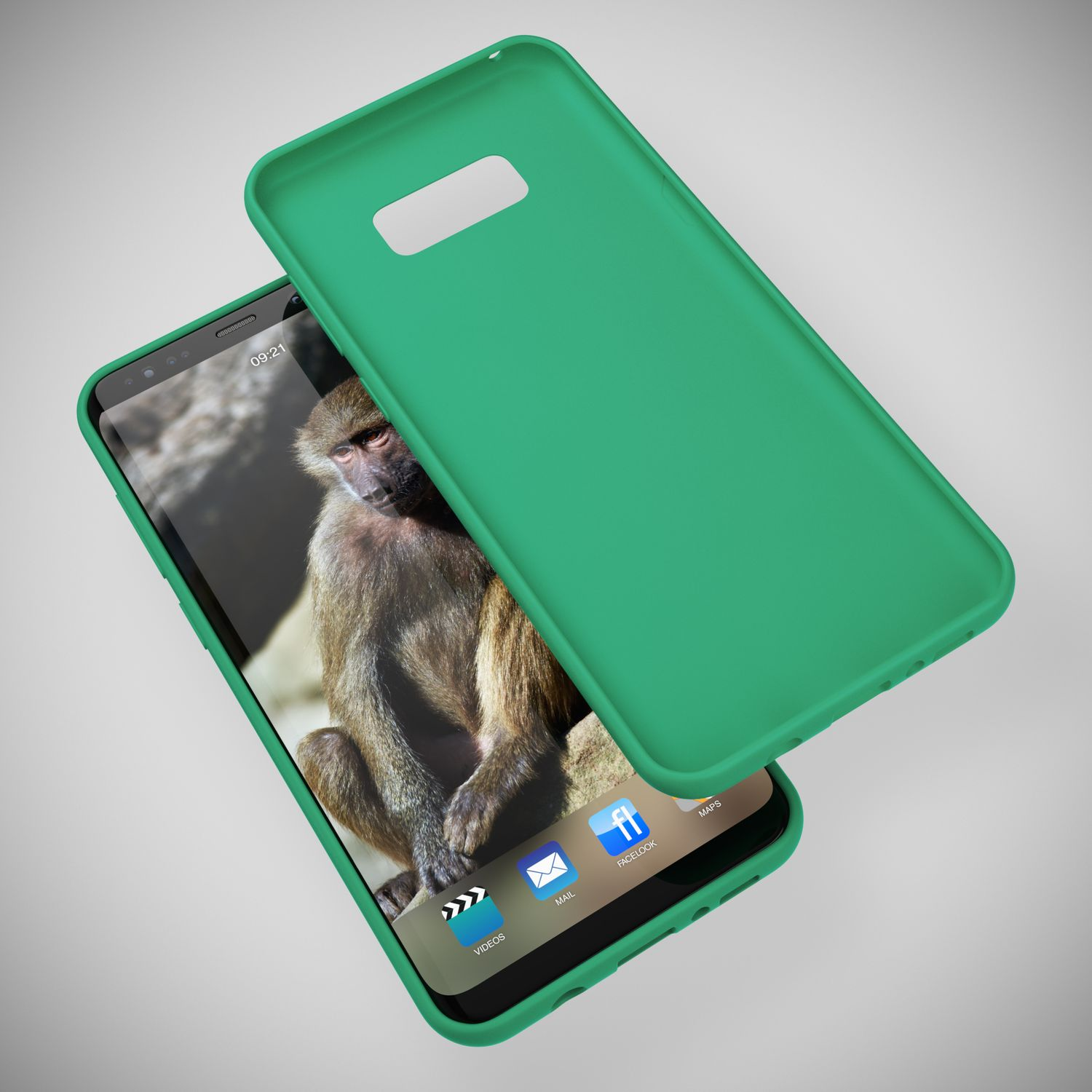 Ein grüner Handyhülle liegt über einem Smartphone mit Affenbildschirm.