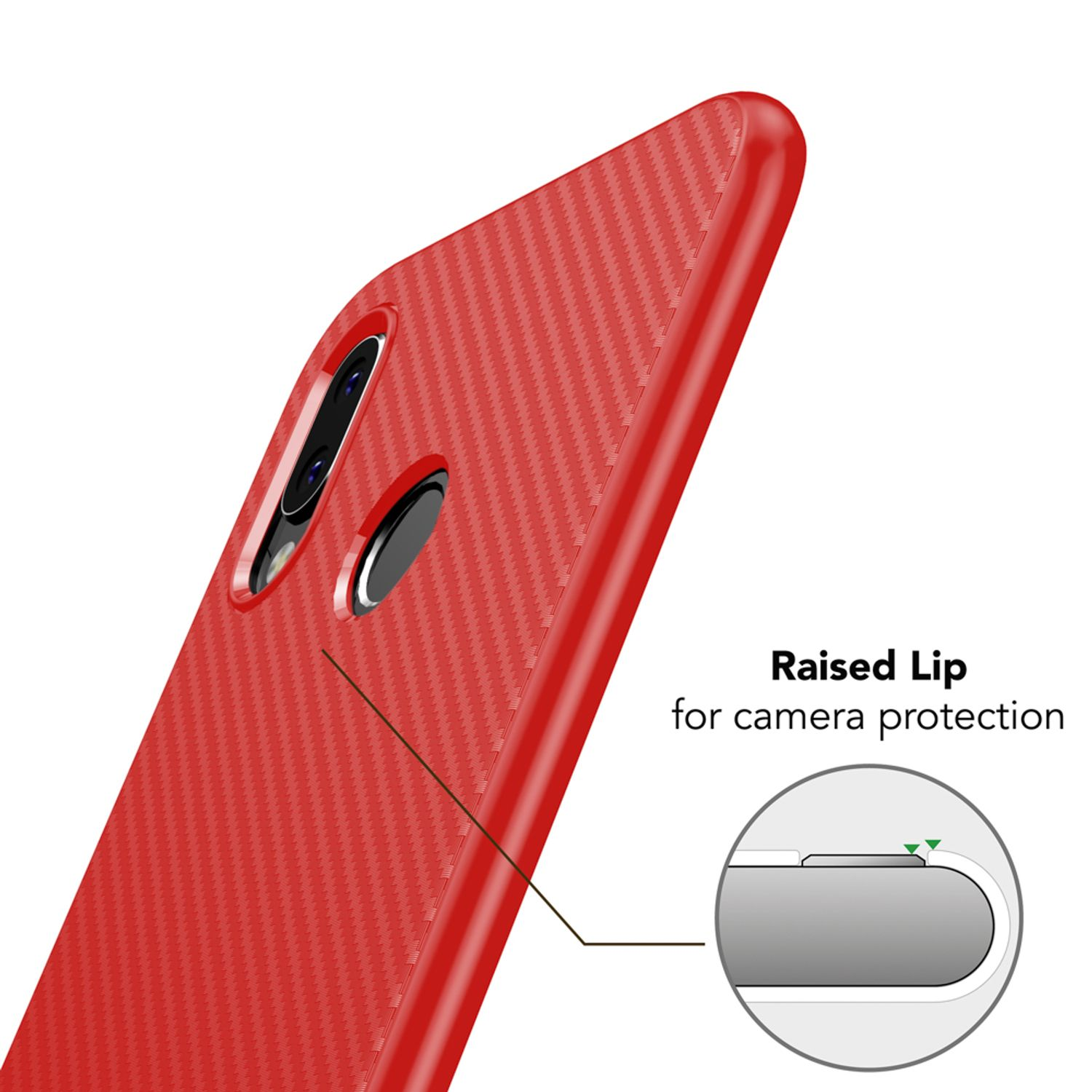 Custodia rossa per telefono con texture carbonio e bordo rialzato per proteggere la fotocamera.