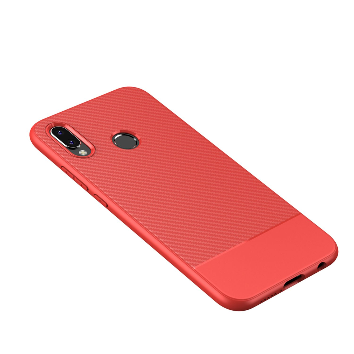 Cover rossa per telefono con motivo, fotocamera e sensore di impronte.