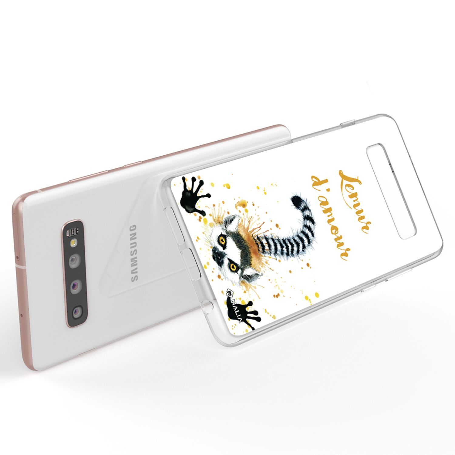 Ein weißes Samsung-Handy mit einer durchsichtigen Hülle, die einen Lemur zeigt.