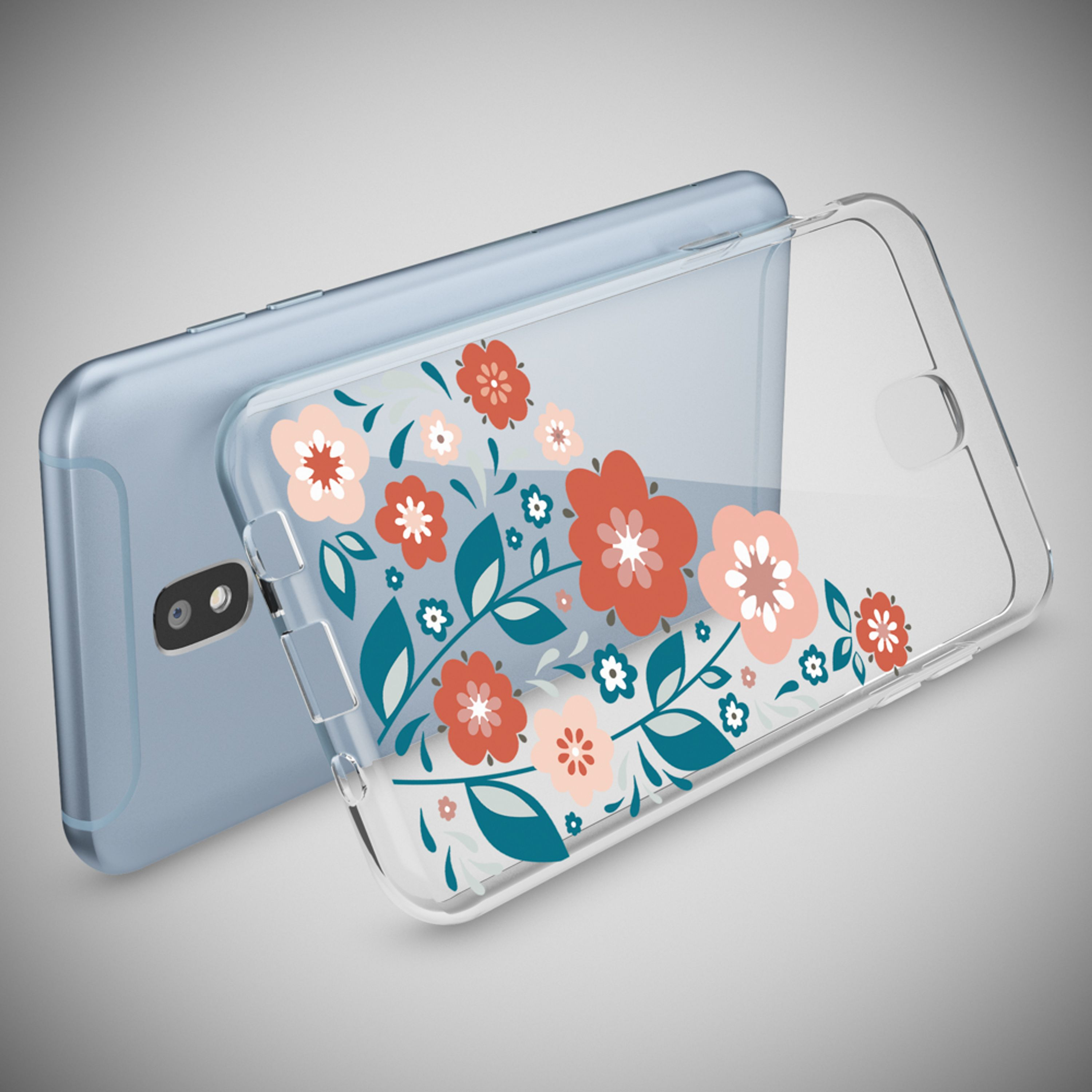 Ein hellblaues Smartphone mit durchsichtiger Hülle mit Blumenmuster.