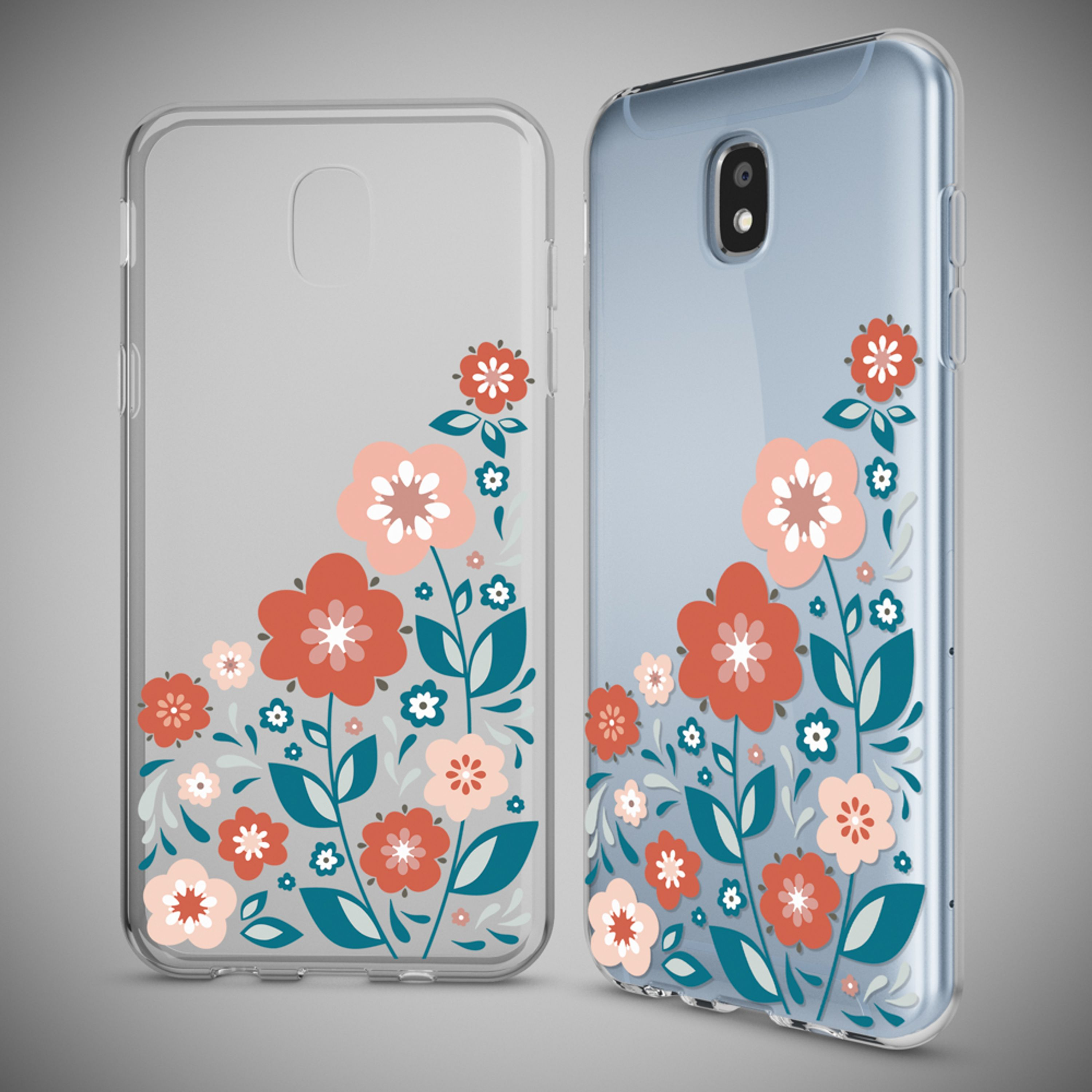 Zwei durchsichtige Handyhüllen mit Blumenmuster in Koralle und Blau.