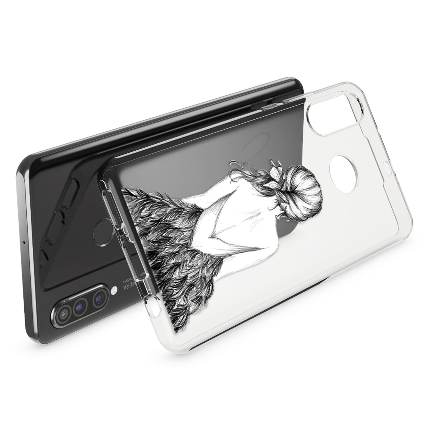 Una cover trasparente per telefono con uno schizzo di una donna in gonna di piume su un telefono nero.
