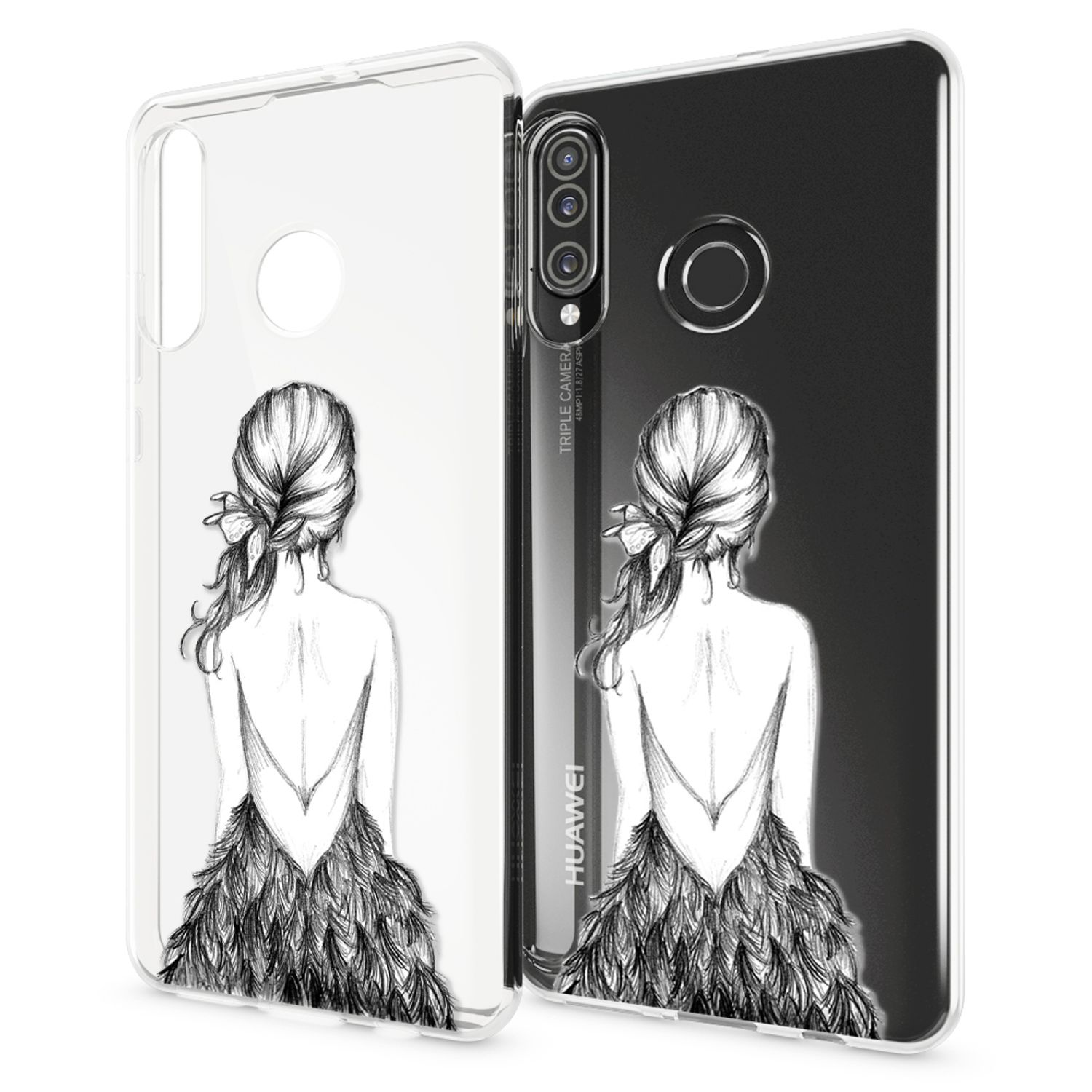 Due custodie trasparenti per telefono raffiguranti il retro di una donna con abito di piume.
