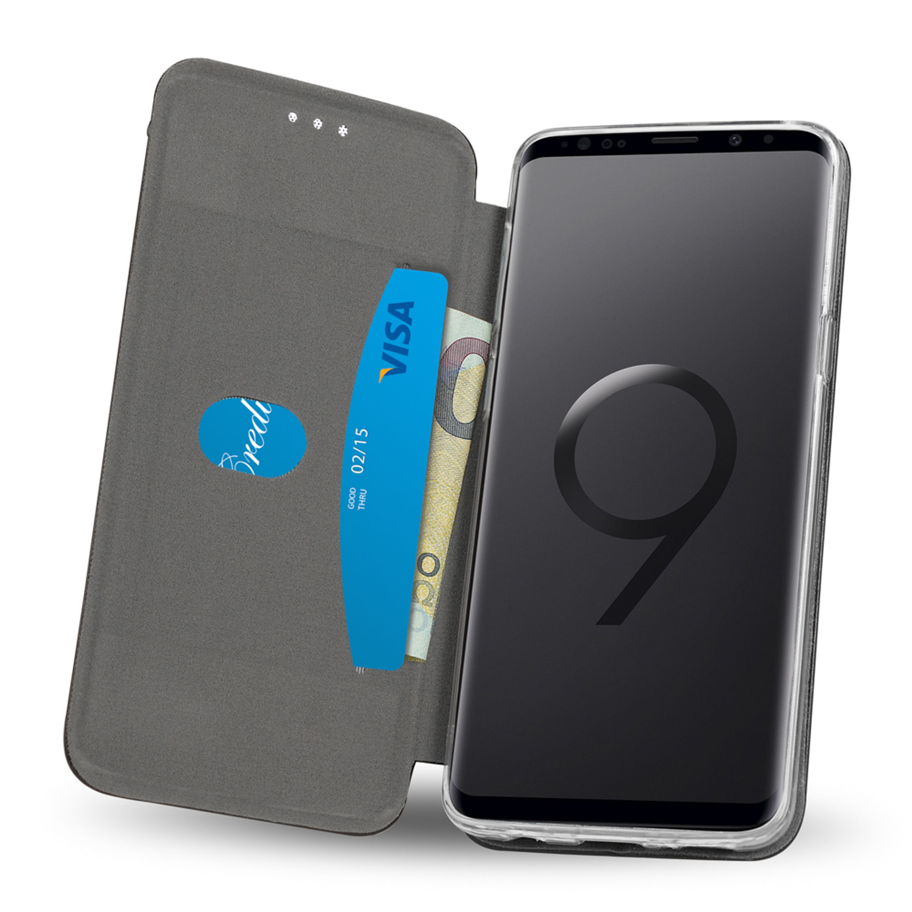 Graue Handyhülle geöffnet, zeigt Handy, Visa-Karte und Geldschein.