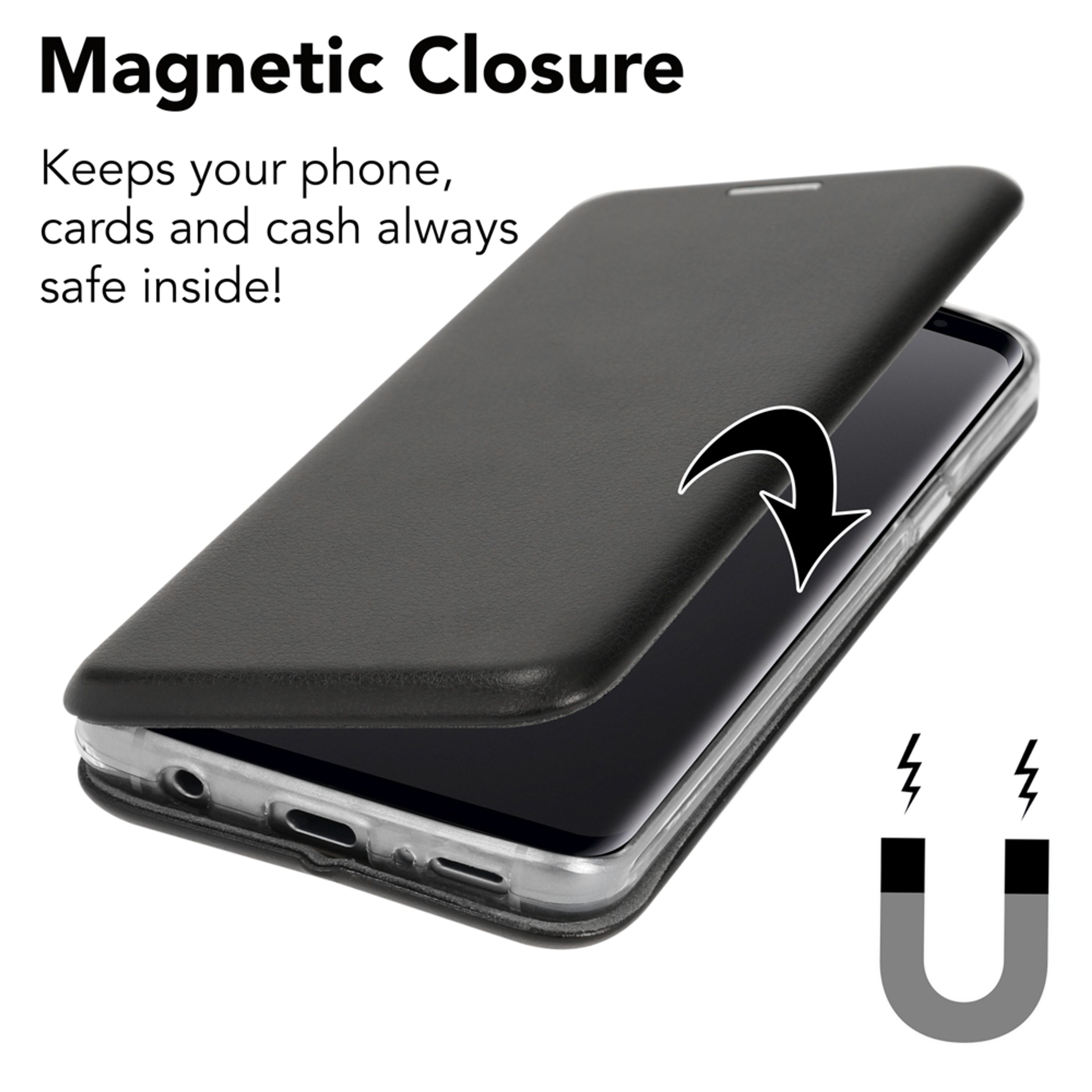 Ein schwarzes Handycover mit magnetischem Verschluss wird gezeigt.
