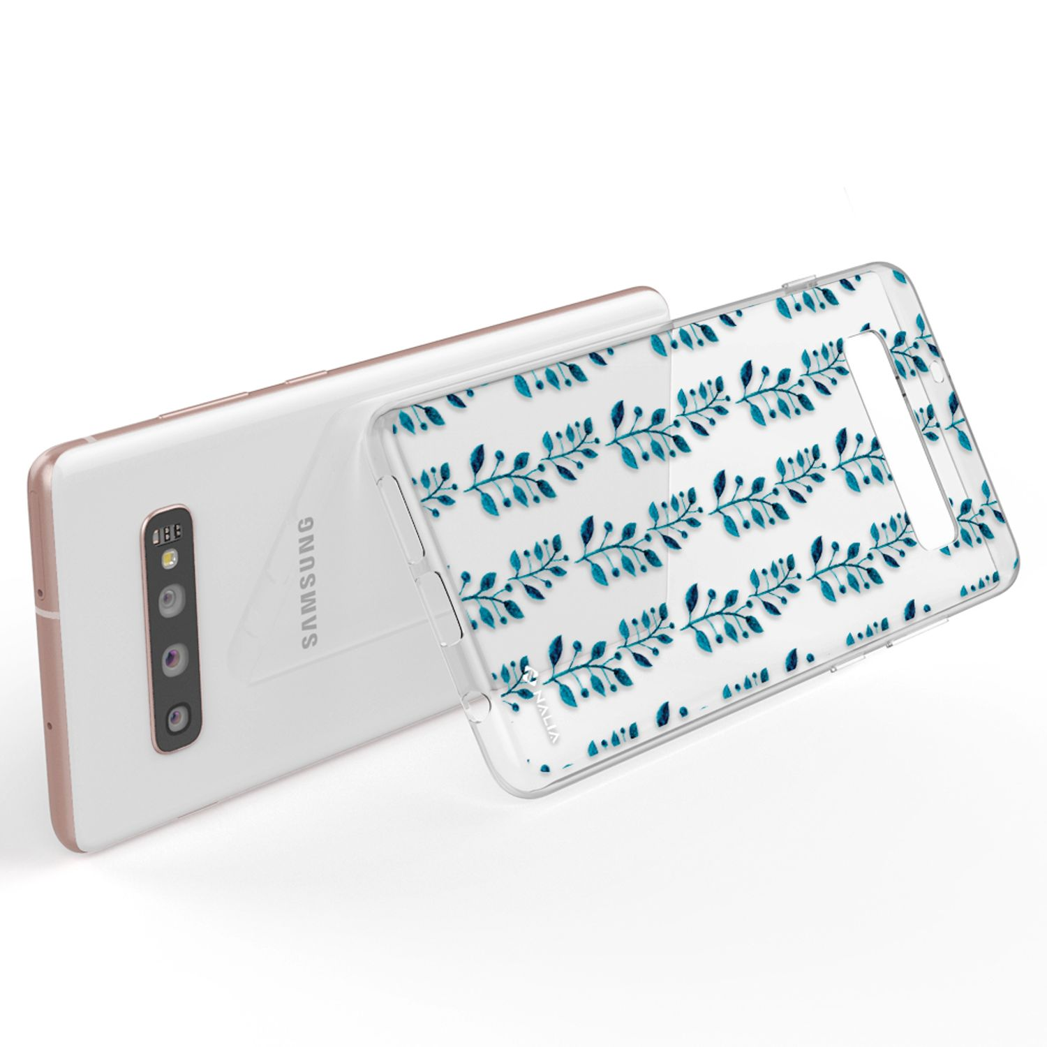 Ein weißes Samsung-Handy mit einer durchsichtigen Hülle mit blauem Blattmuster.