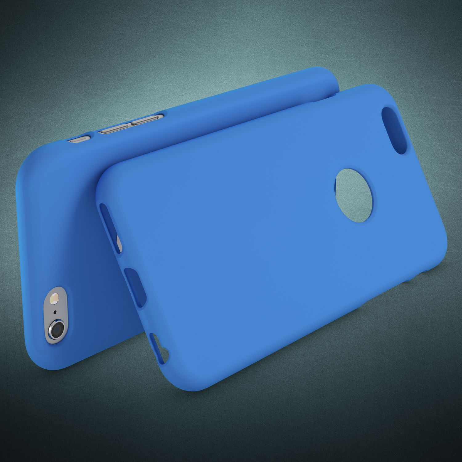 Zwei blaue Handyhüllen liegen nebeneinander auf einem dunklen Hintergrund.