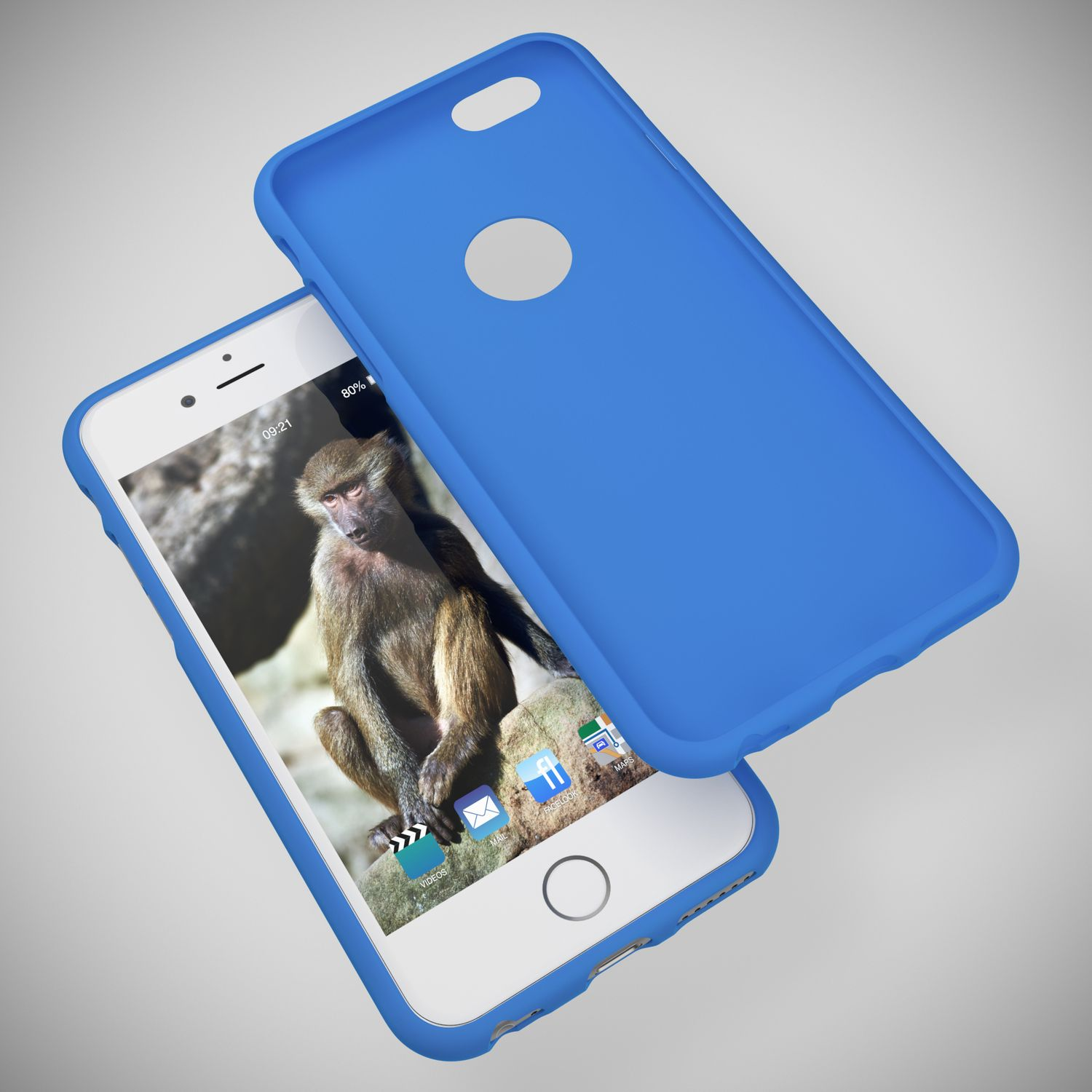Ein Smartphone mit einem Affen auf dem Bildschirm und einer blauen Hülle daneben.