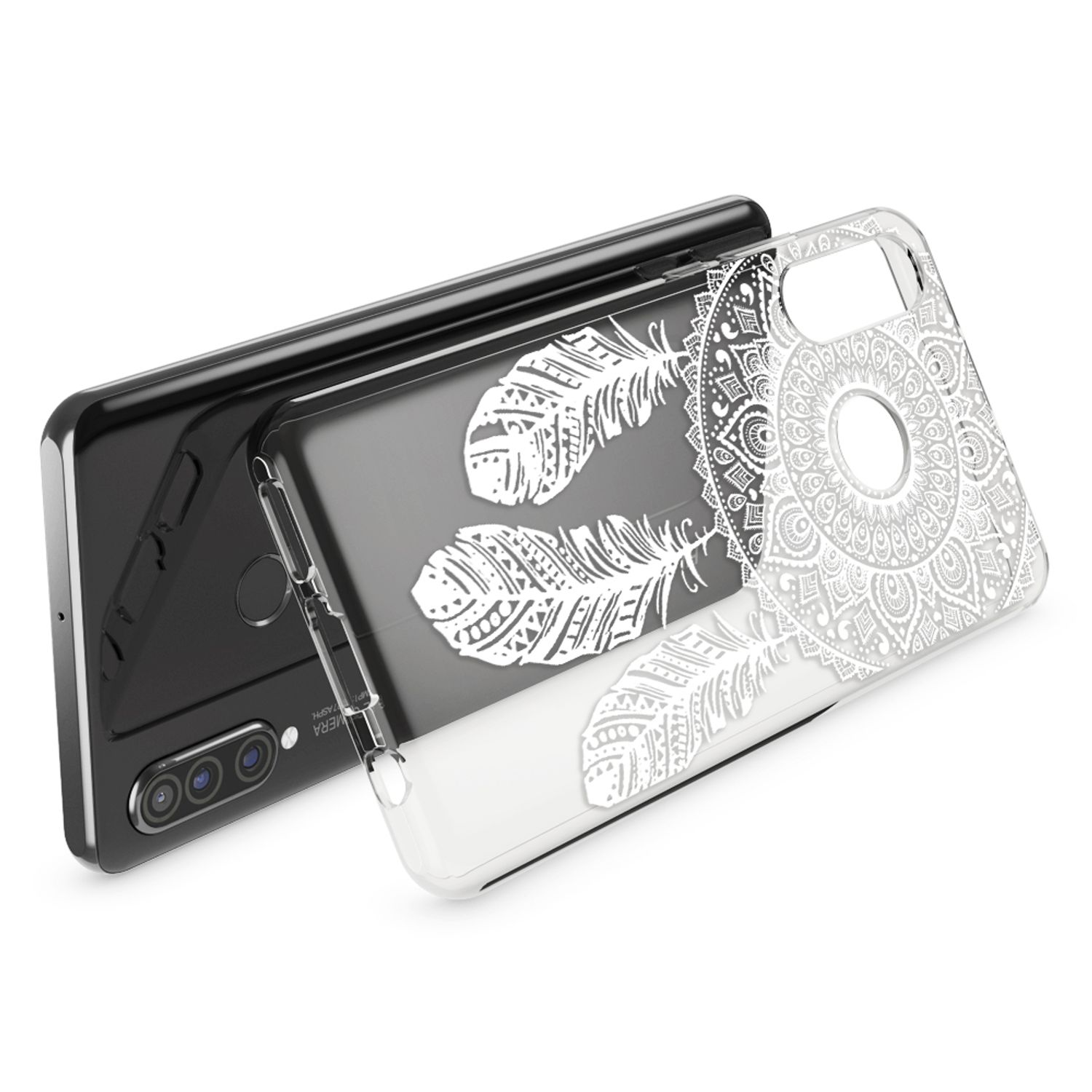 Uno smartphone nero con custodia trasparente con piume e motivi mandala.