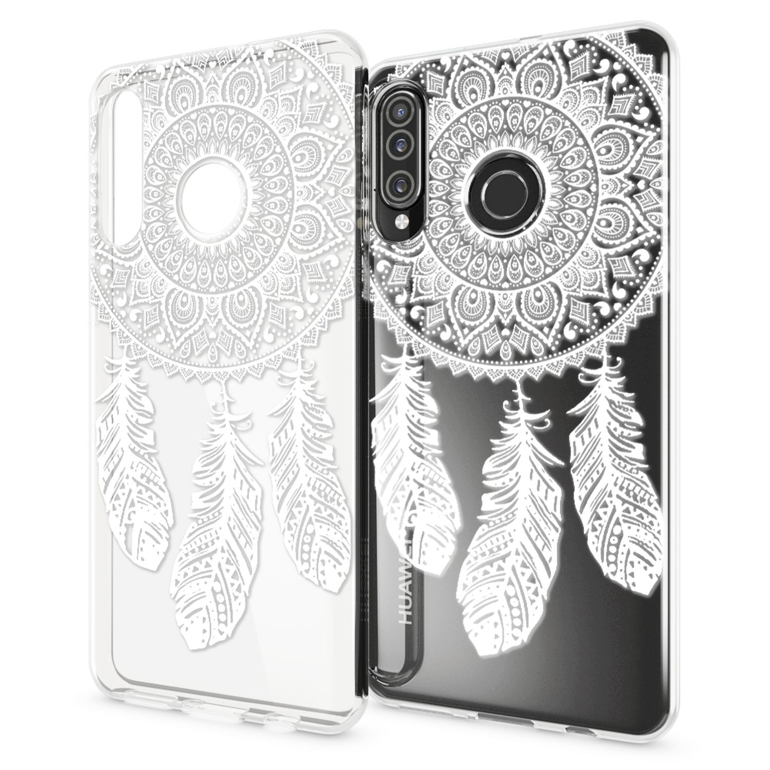 Due cover trasparenti per telefono, una mostra il retro con motivo mandala e piume.