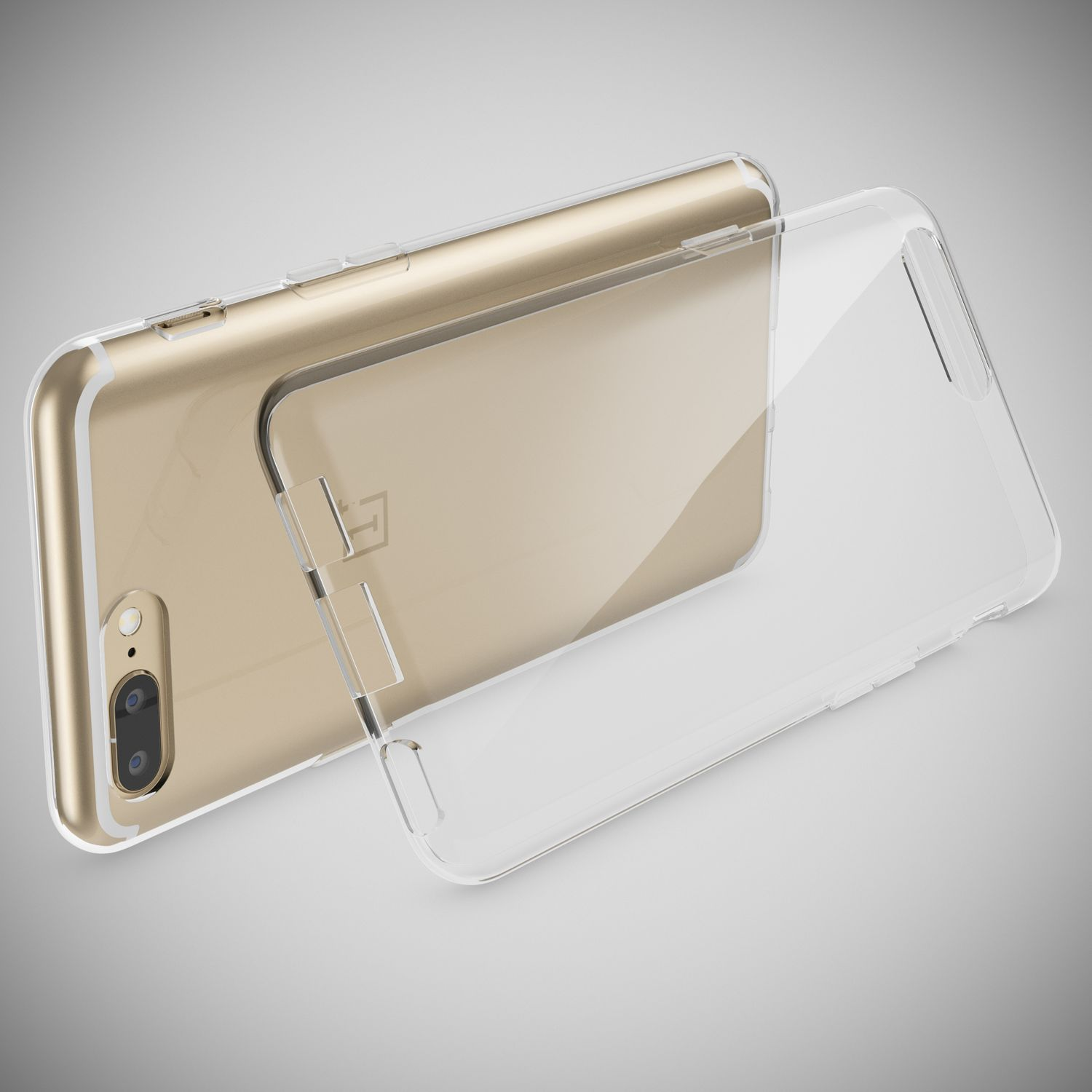 Ein goldener Smartphone mit durchsichtiger Hülle, daneben liegend.