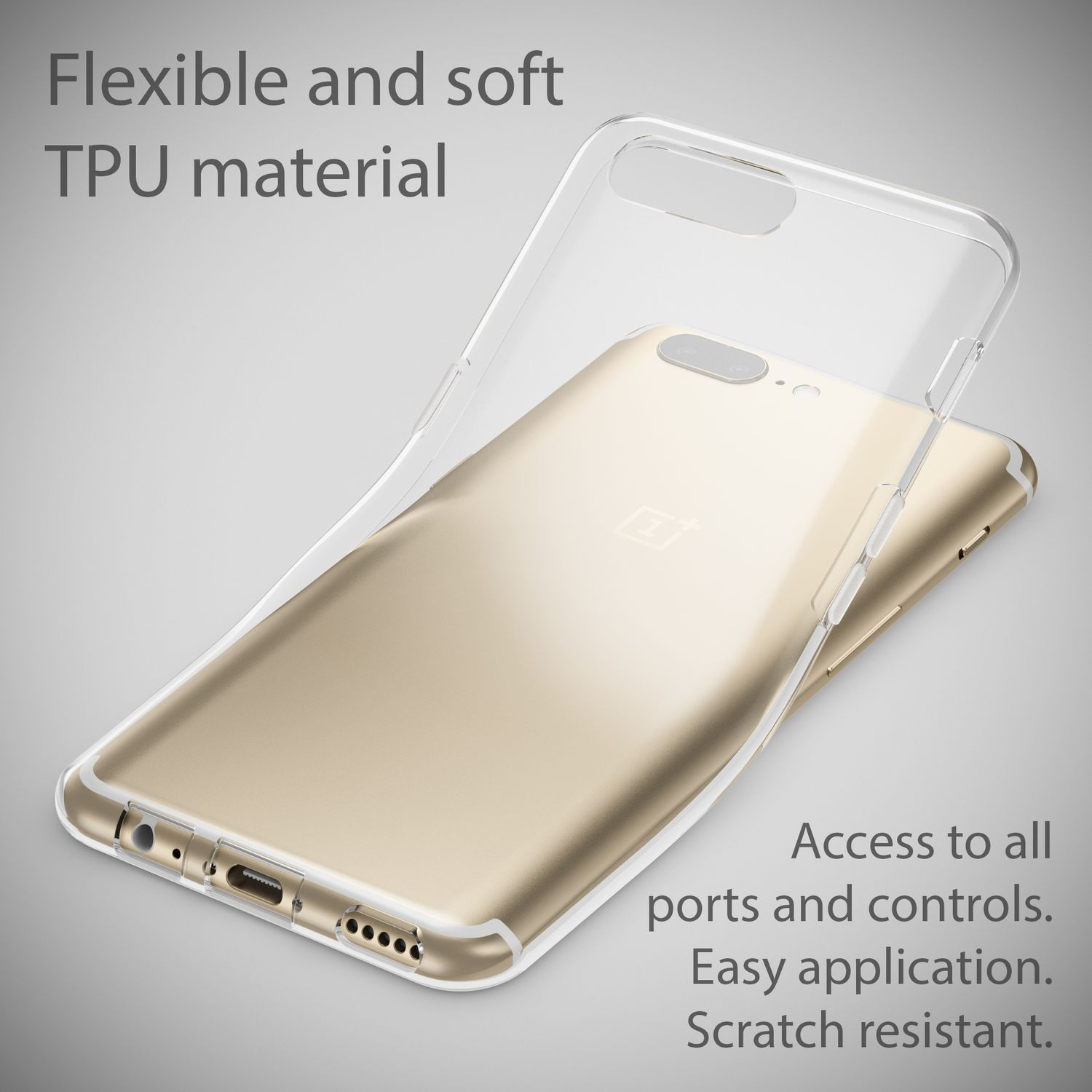 Transparente TPU-Handyhülle über einem goldfarbenen Smartphone.