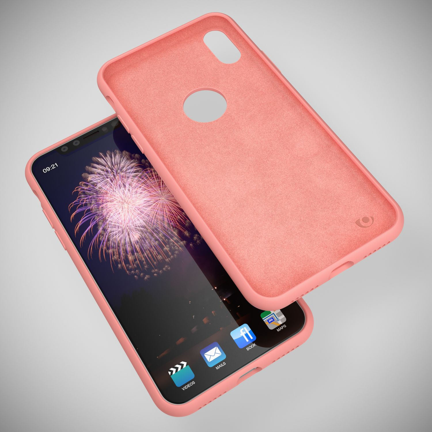 Eine pinke Handyhülle liegt auf einem Smartphone mit Feuerwerk-Hintergrund. Symbole für Videos, E-Mails, Buch, Karten sichtbar.