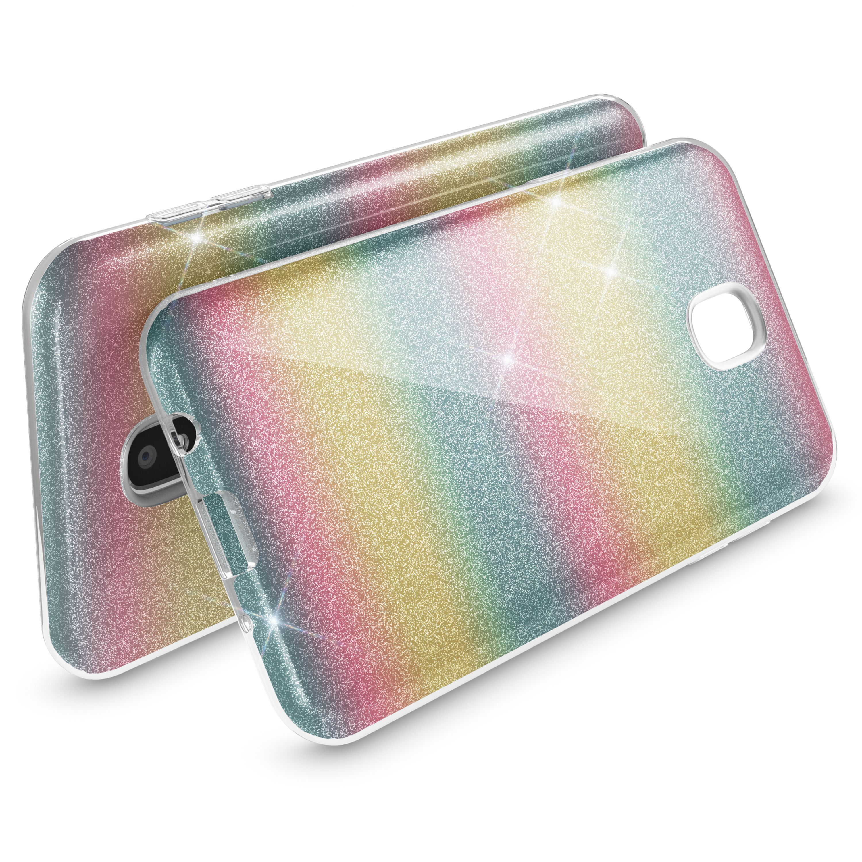 Zwei glitzernde Handyhüllen mit Regenbogen-Farbverlauf liegen nebeneinander.