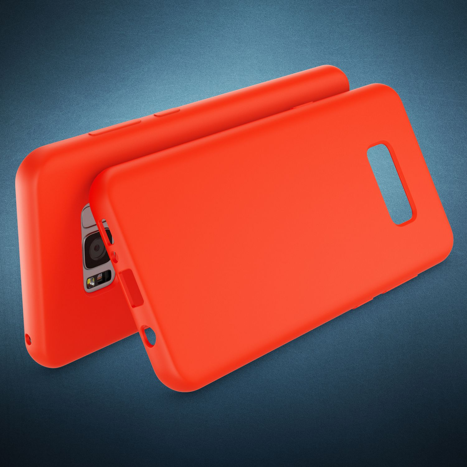 Zwei leuchtend orangefarbene Handyhüllen auf einem blauen Hintergrund.