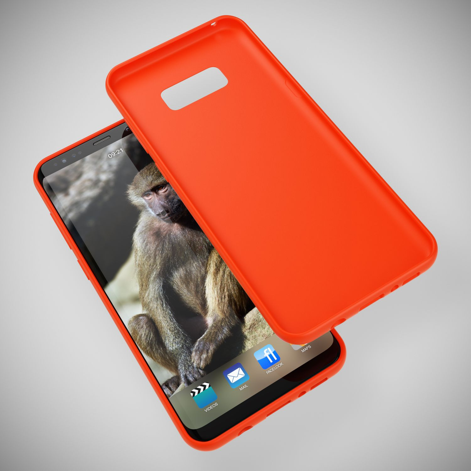 Orange Handyhülle auf einem Smartphone mit Pavian-Bild und App-Symbolen. Heller Hintergrund.