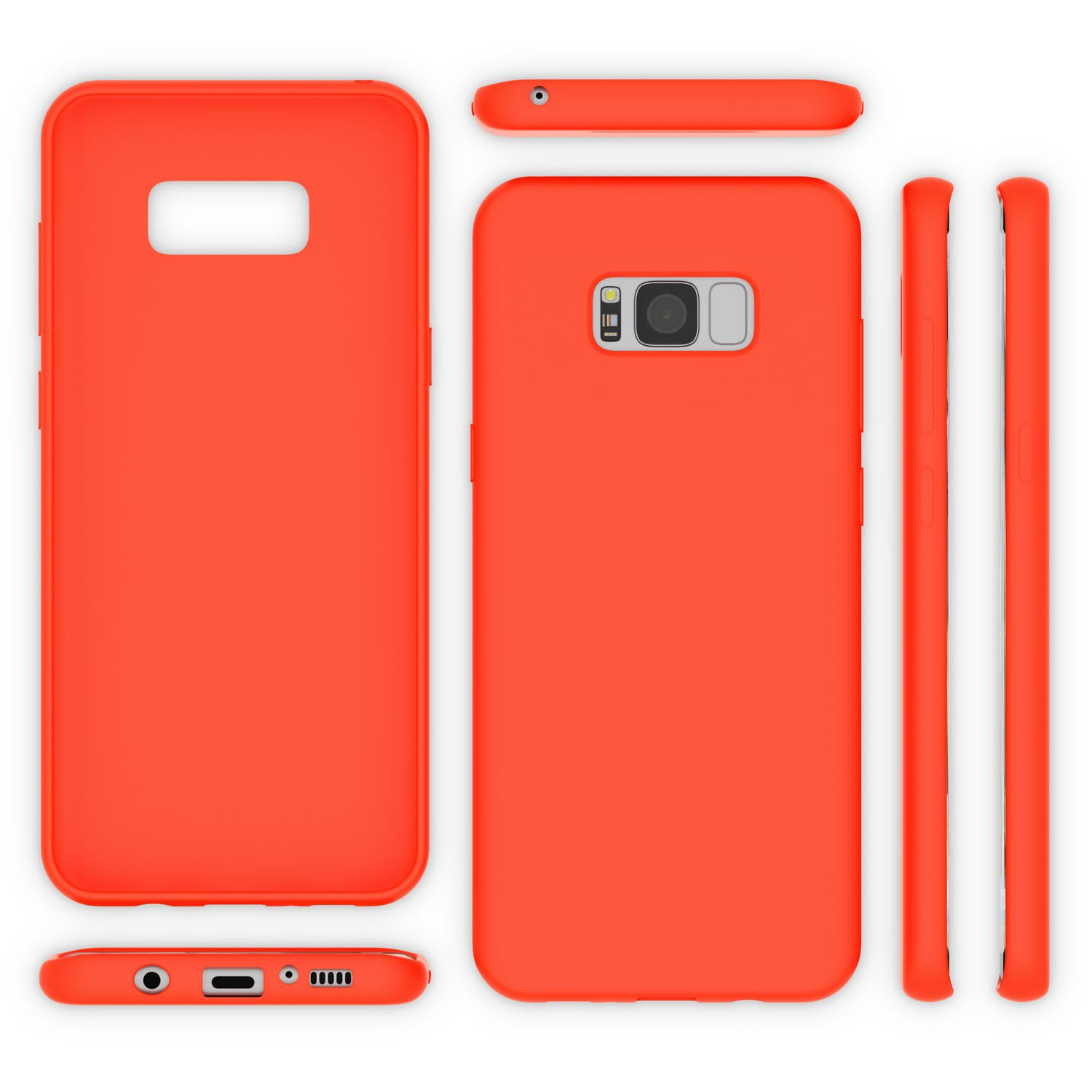 Ein oranges Smartphone-Schutzhülle-Set aus verschiedenen Blickwinkeln.