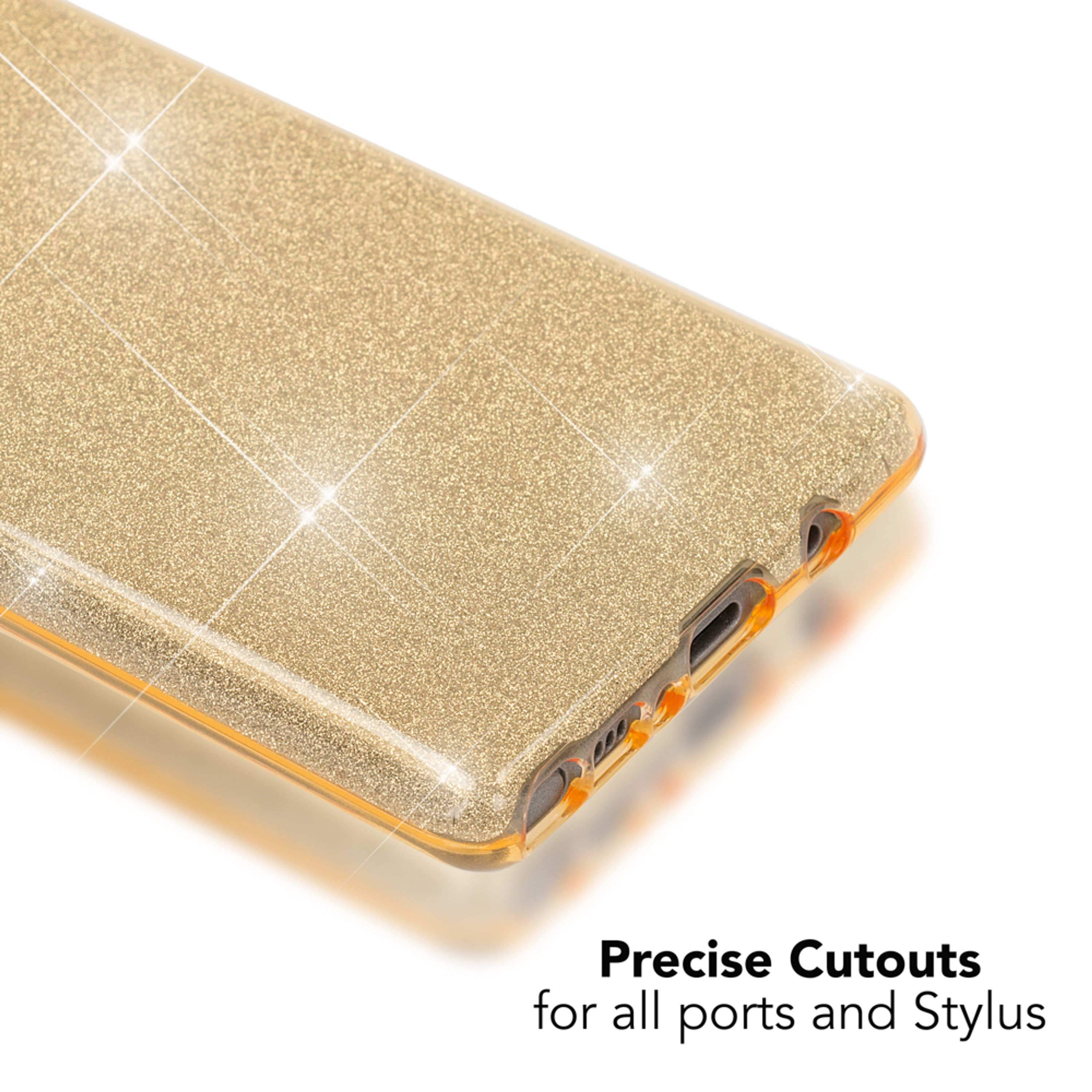 Goldener Handyhülle mit Glitzer und präzisen Aussparungen für Anschlüsse.