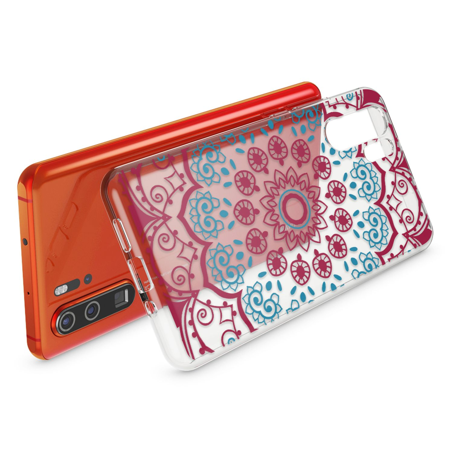 Uno smartphone arancione con custodia trasparente a fantasia blu e rossa.