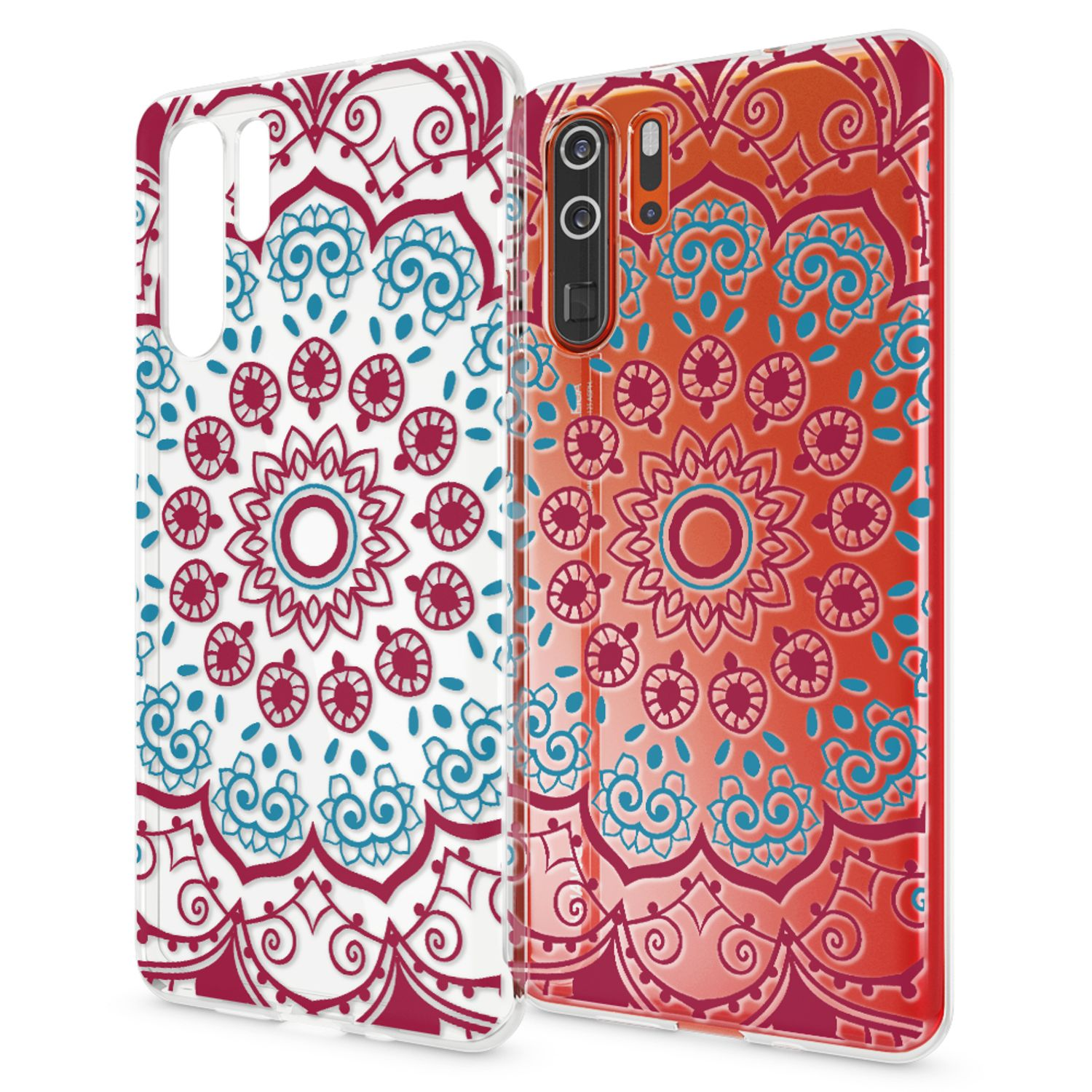 Due custodie per telefono con motivi mandala rossi e blu su bianco e arancione.