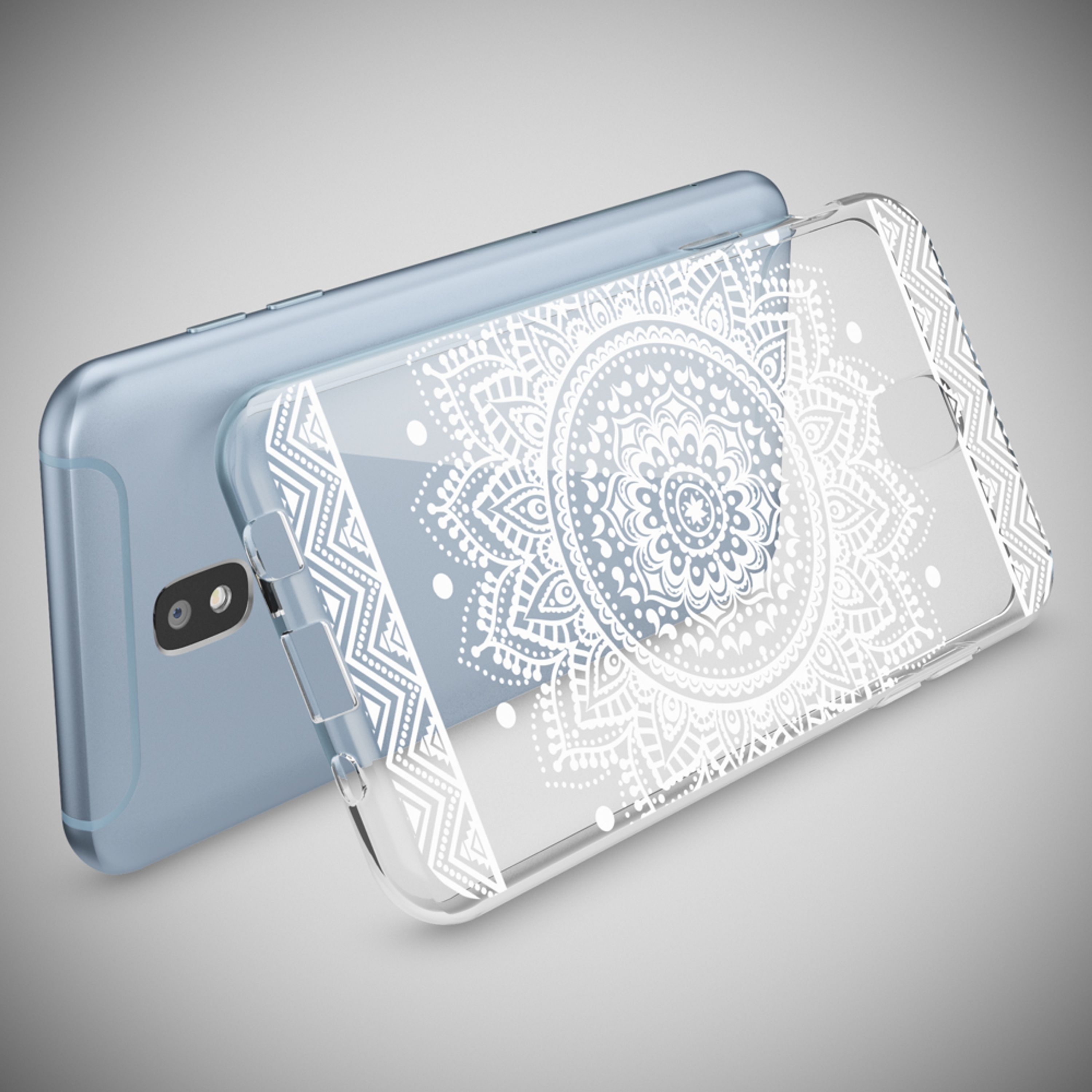 Ein hellblaues Smartphone mit einer transparenten Hülle mit weißem Mandala-Muster.