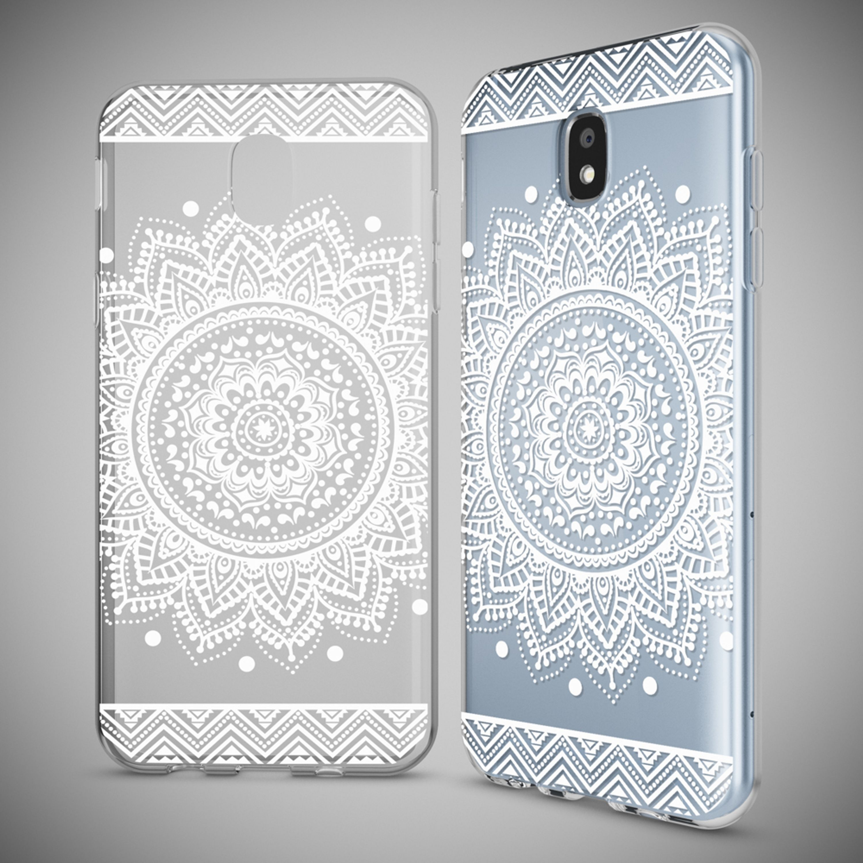Zwei durchsichtige Handyhüllen mit weißem Mandala-Muster.