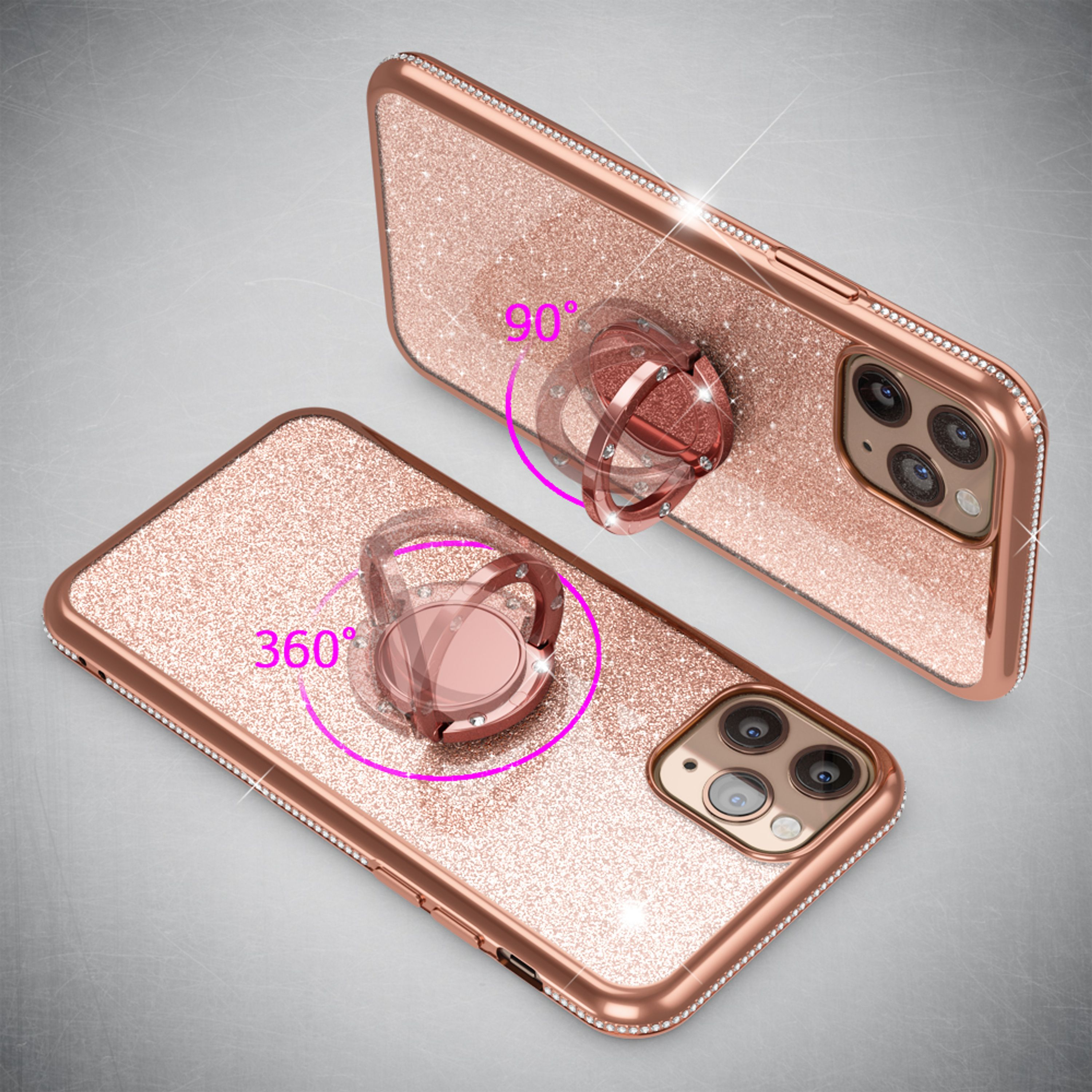 Zwei roségoldene Handyhüllen mit Glitzer und Ringhalter auf grauem Hintergrund.