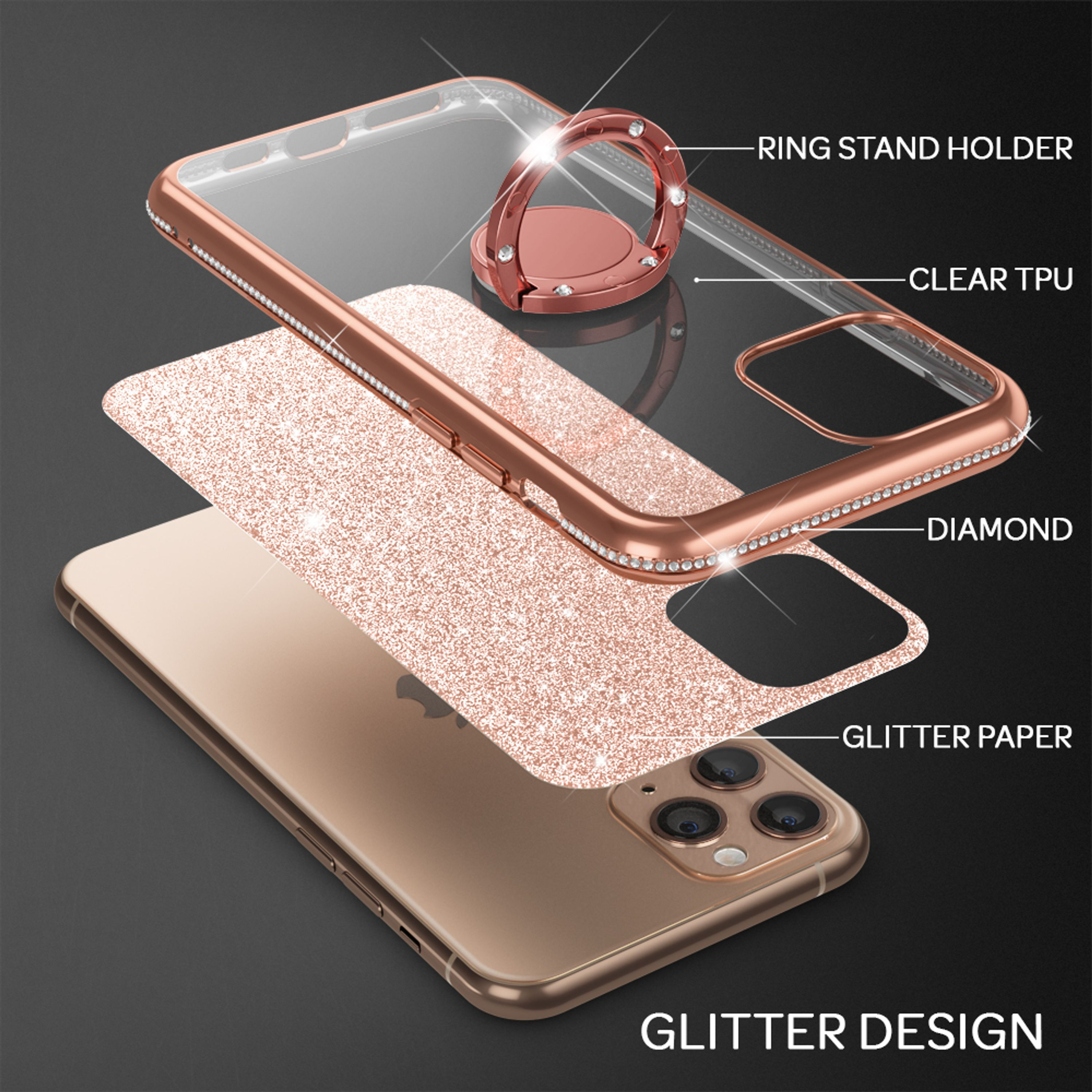 Explodierte Ansicht einer roségoldenen Handyhülle mit Glitzer, Diamanten und Ringhalter.