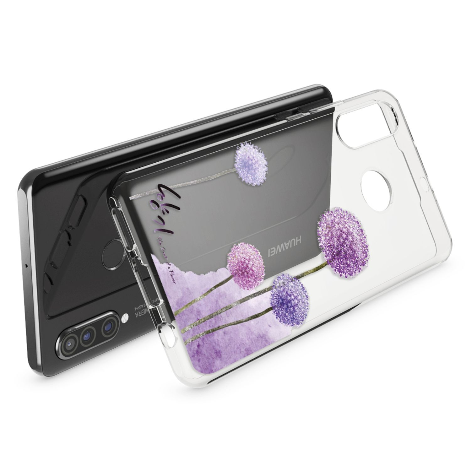 Un telefono Huawei nero con cover trasparente con disegno floreale viola.